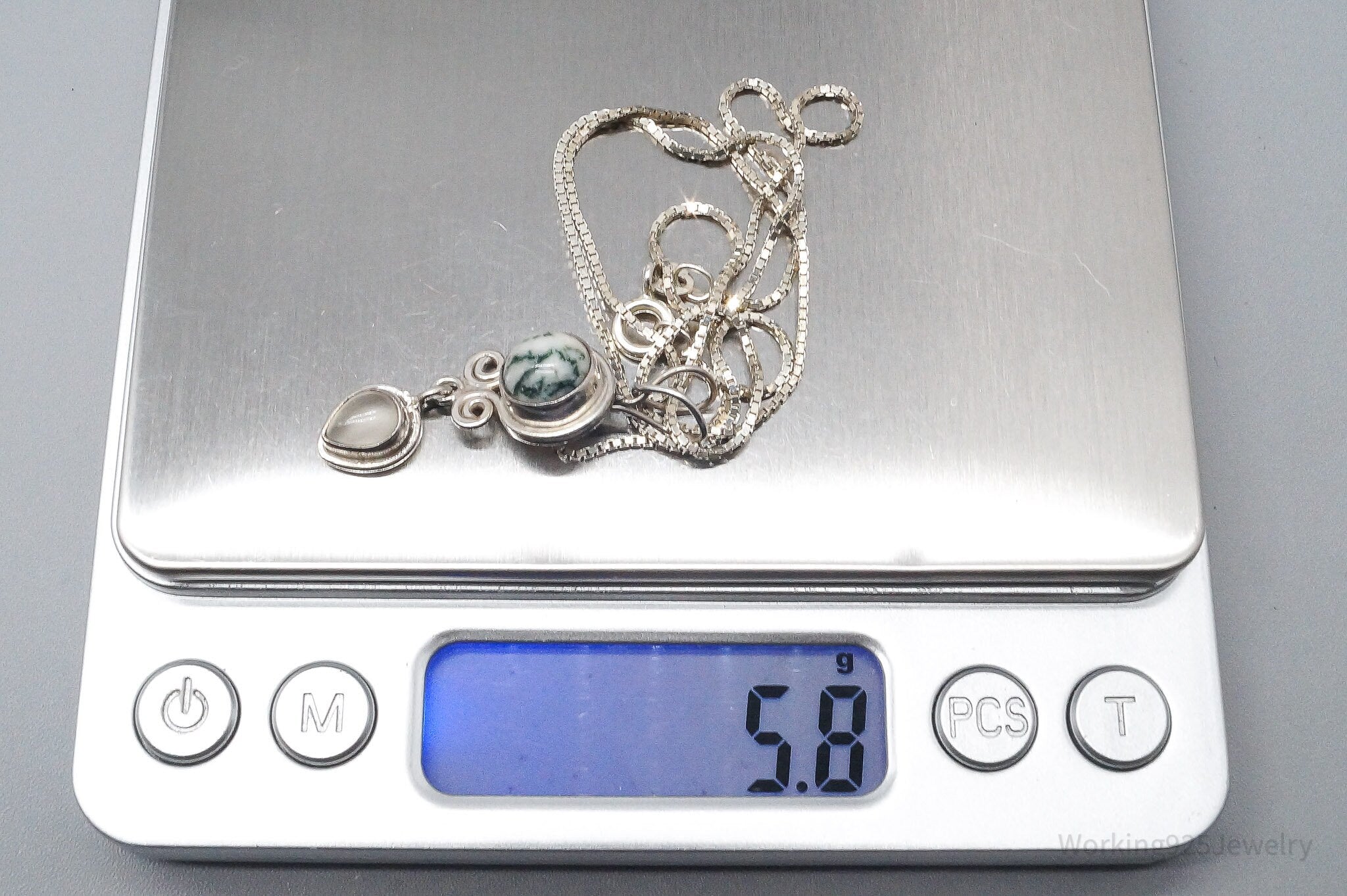 Vintage SAJEN Tree Agate & White Moonstone Sterling Silver Necklace 18"