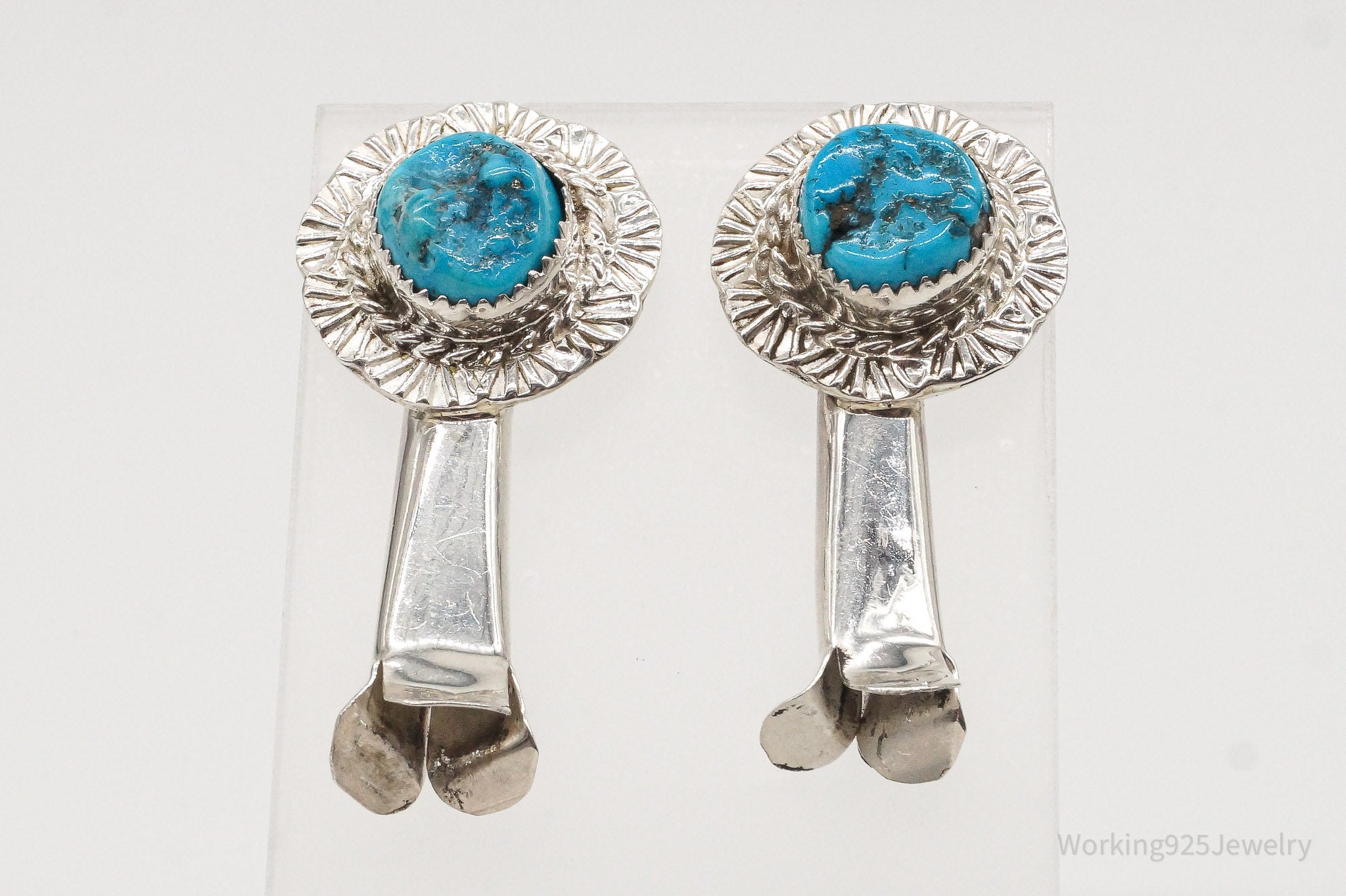 Large Vintage Native American Turquoise Silver Earrings