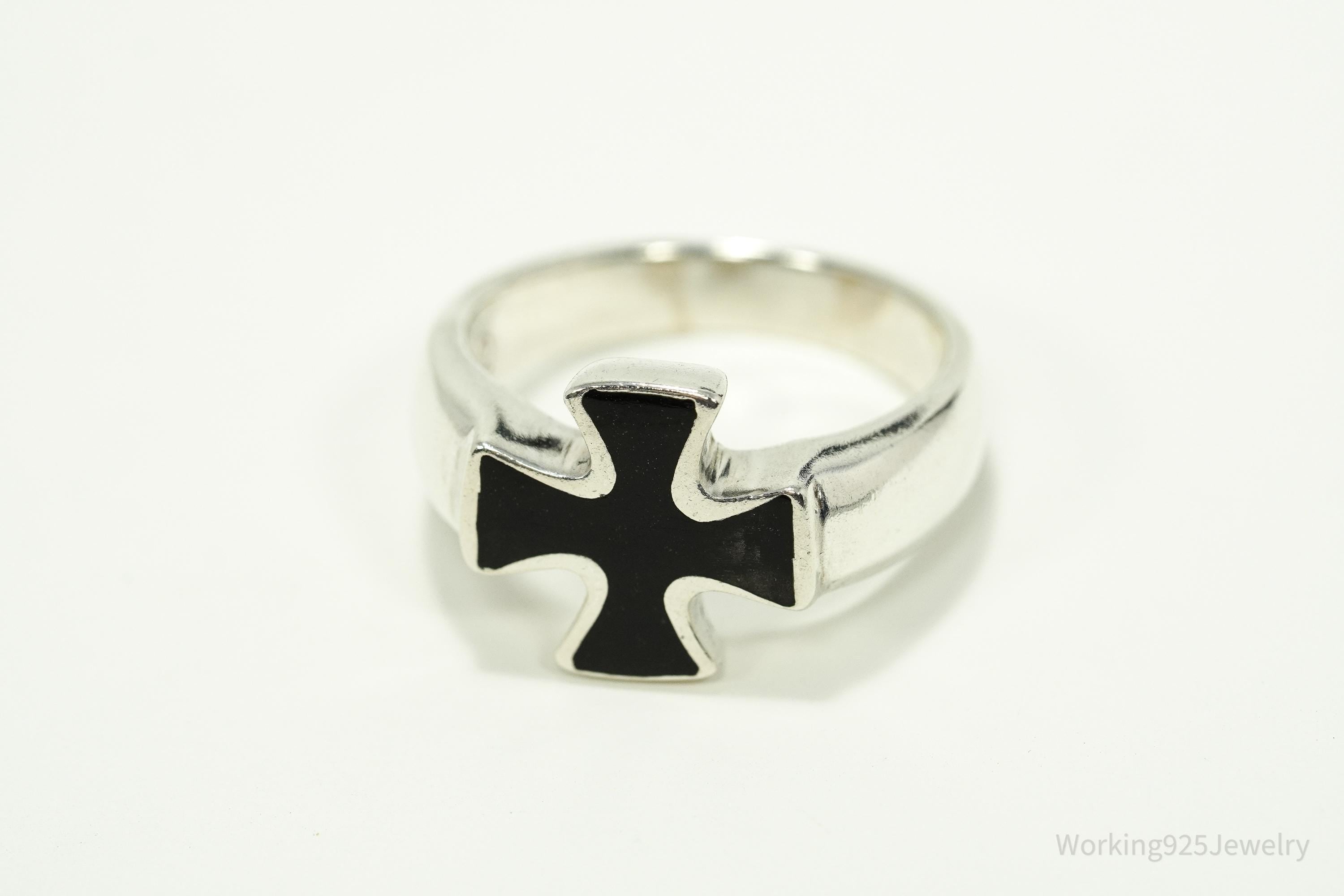 Vintage Black Inlay Iron Cross Sterling Silver Band Ring - Size 11.75