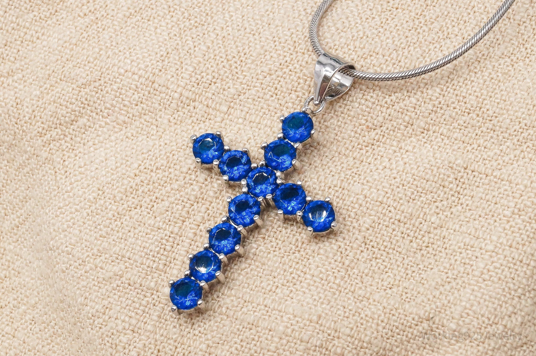 Vintage Blue Stone Cross Sterling Silver Necklace - 18"