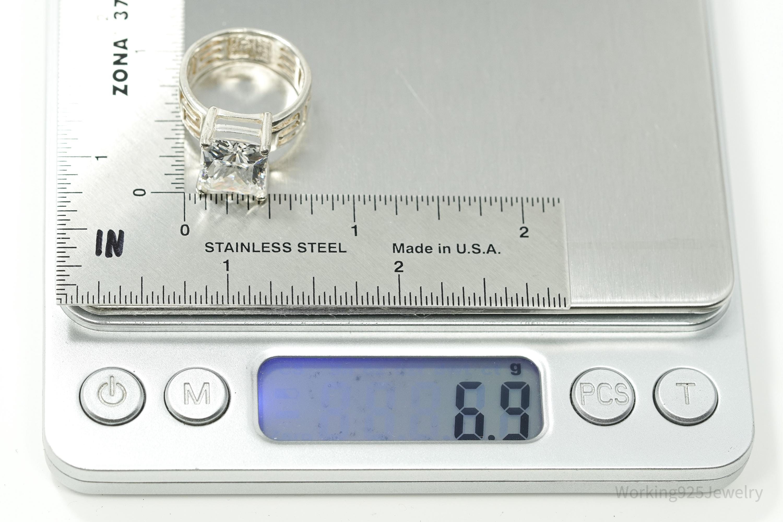 Vintage Large Diamonique Cubic Zirconia Sterling Silver Ring - Size 7.25