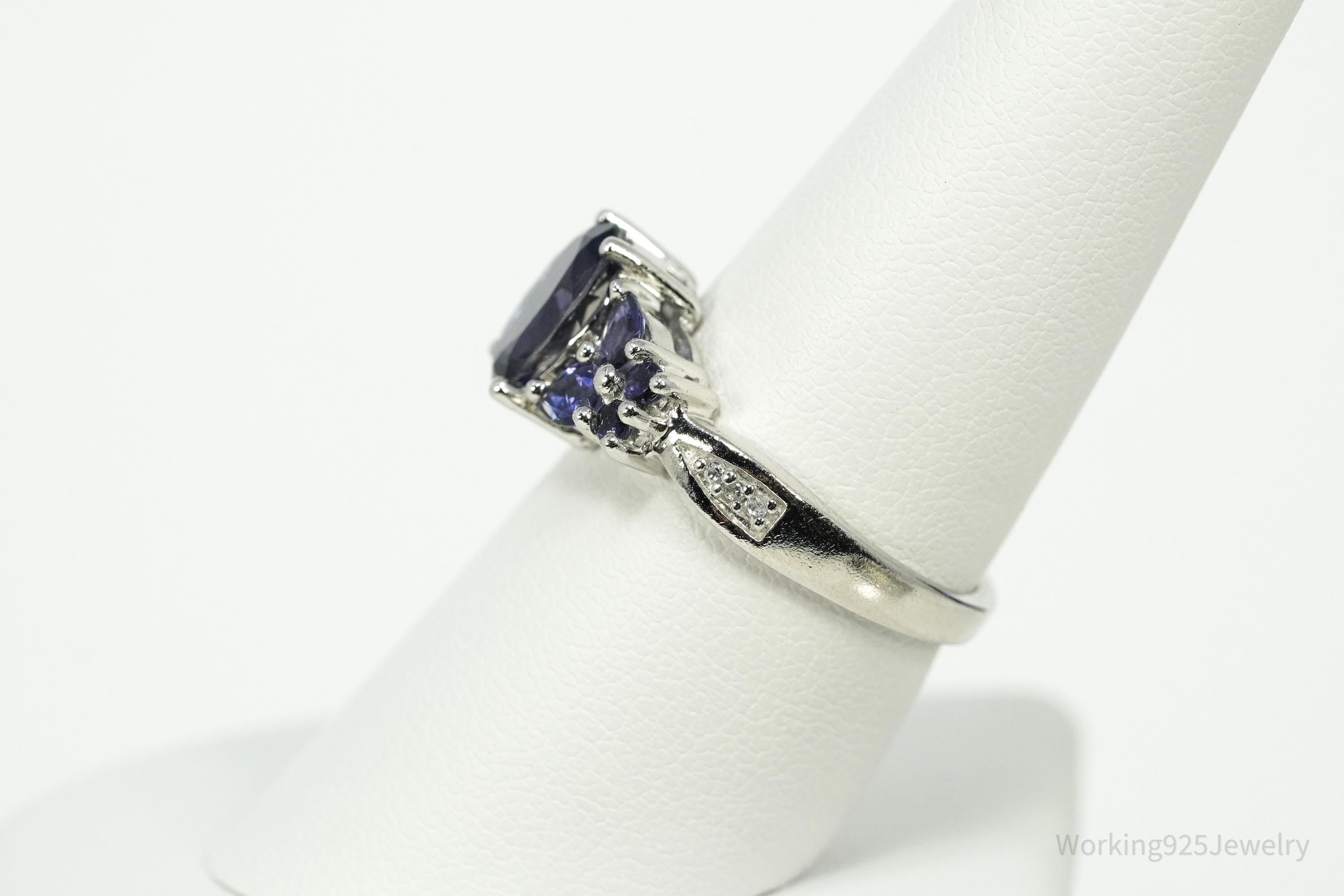 Iolite & White Zircon Rhodium Over Sterling Silver Ring - Size 7.75
