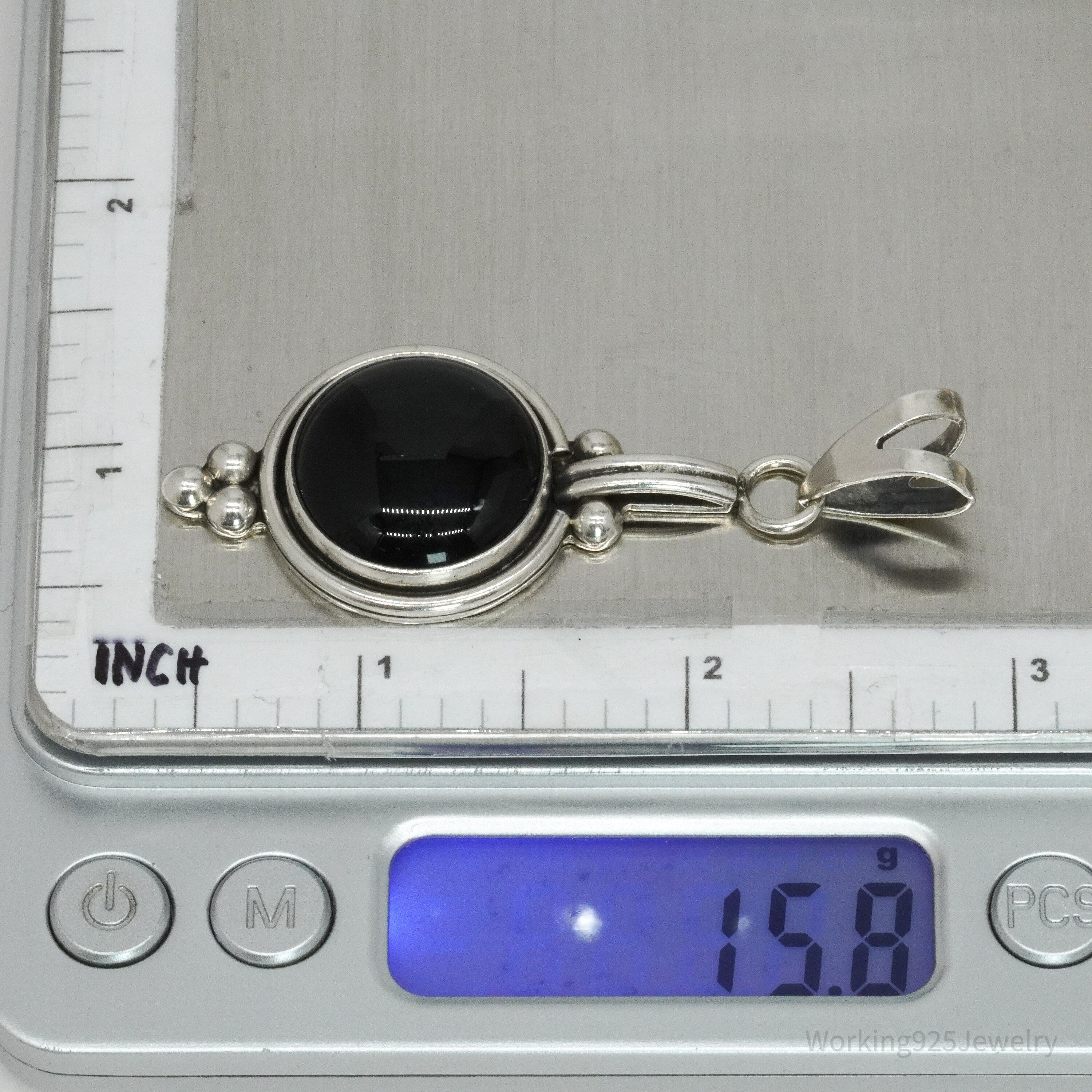 Large Vintage Modernist Black Onyx Sterling Silver Necklace Pendant