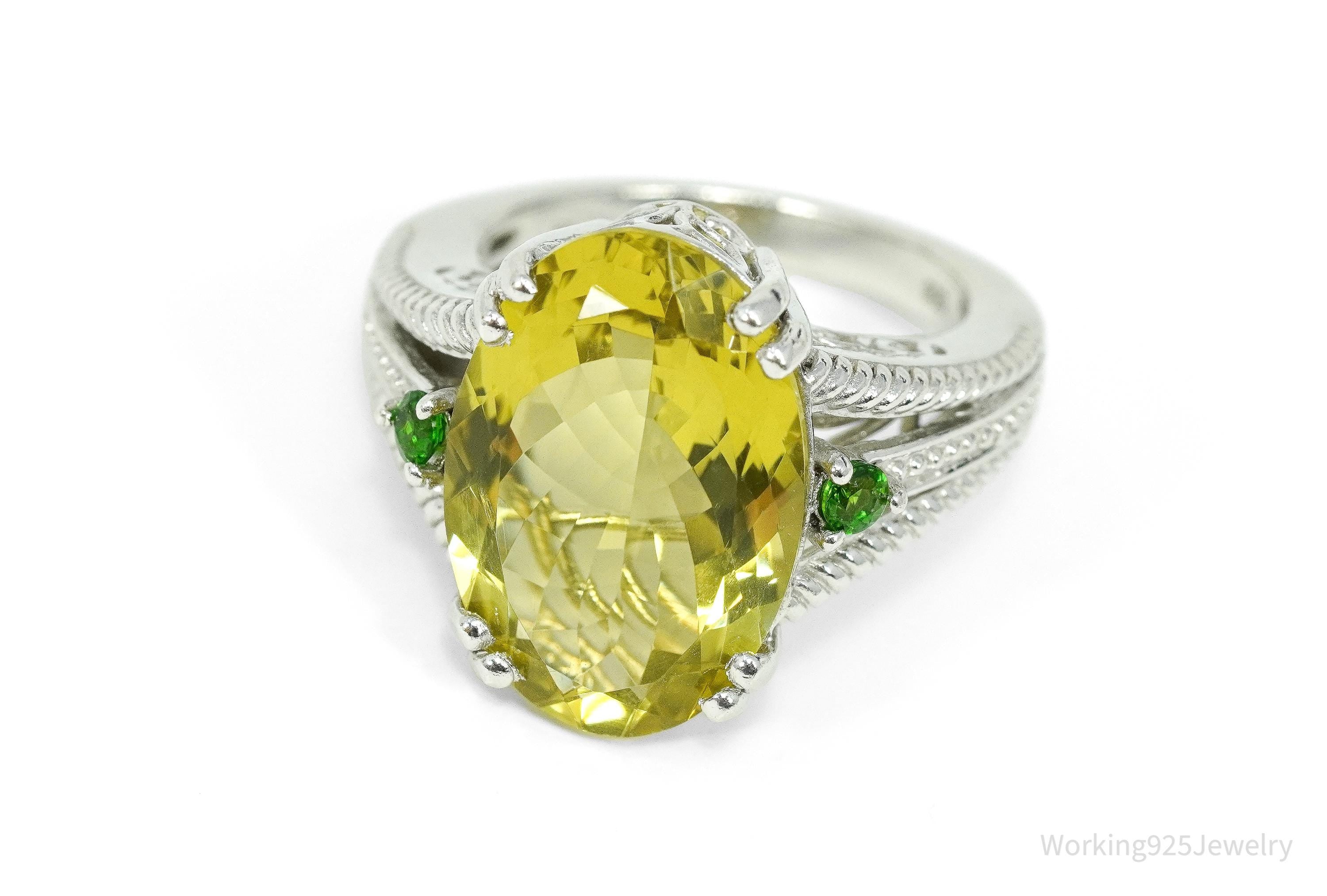 Vintage Large Lemon Quartz & Green Chrome Diopside Sterling Silver Ring Size 10