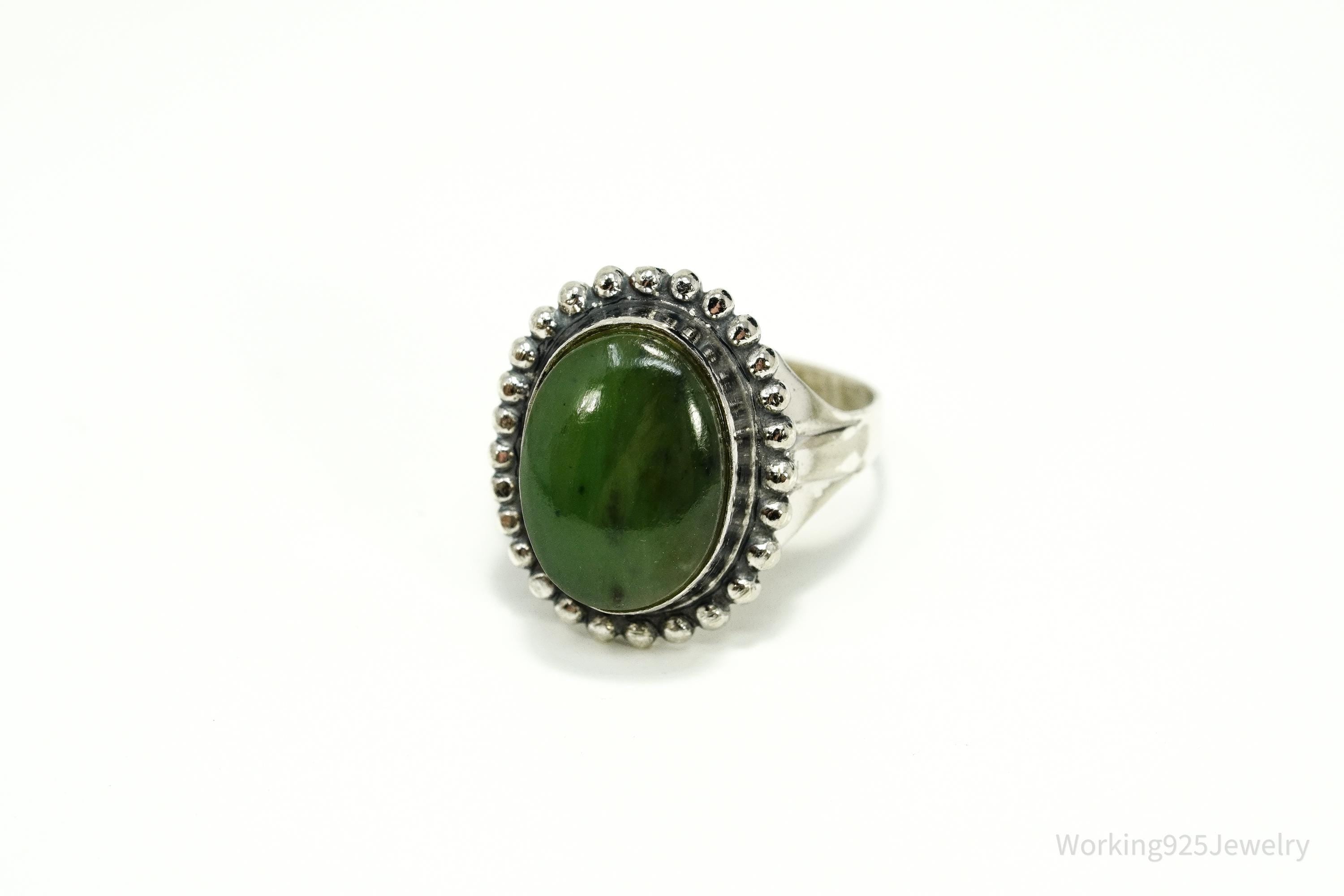 Antique Nephrite Jade Sterling Silver Ring - Size 8.25