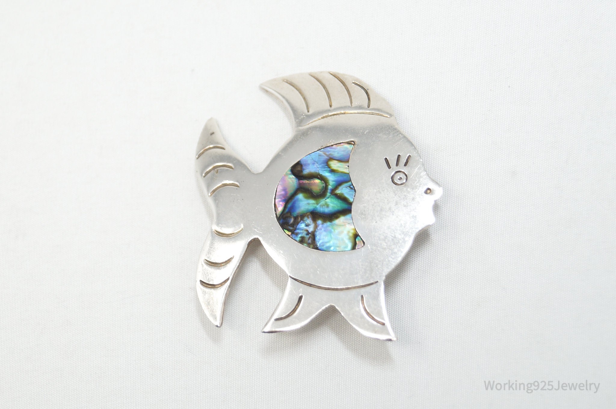 Vintage Mexico Alpaca Abalone Paua Shell Fish Sterling Silver Brooch Pin