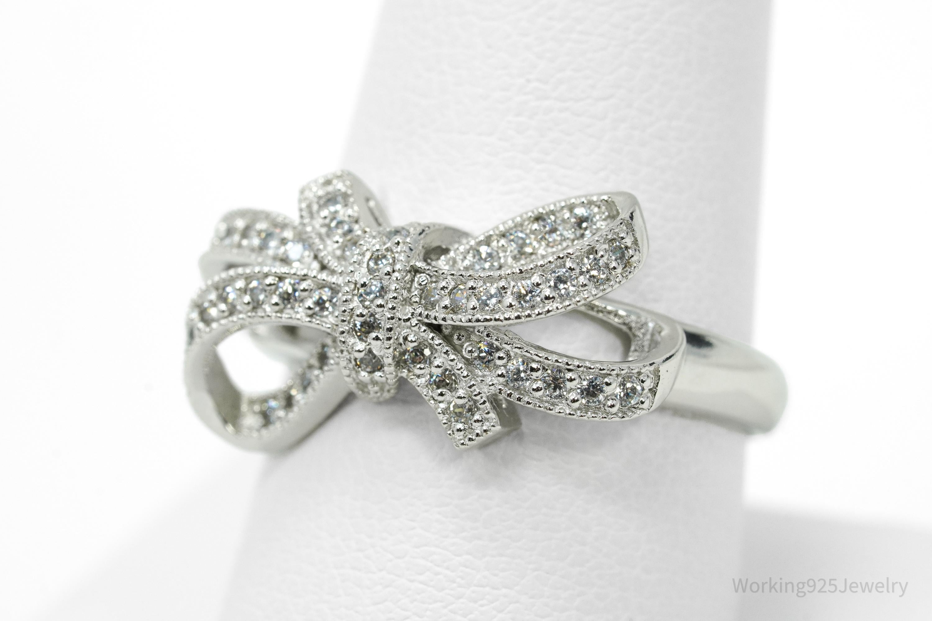 Vintage Cubic Zirconia Bow Sterling Silver Ring - Size 8.75