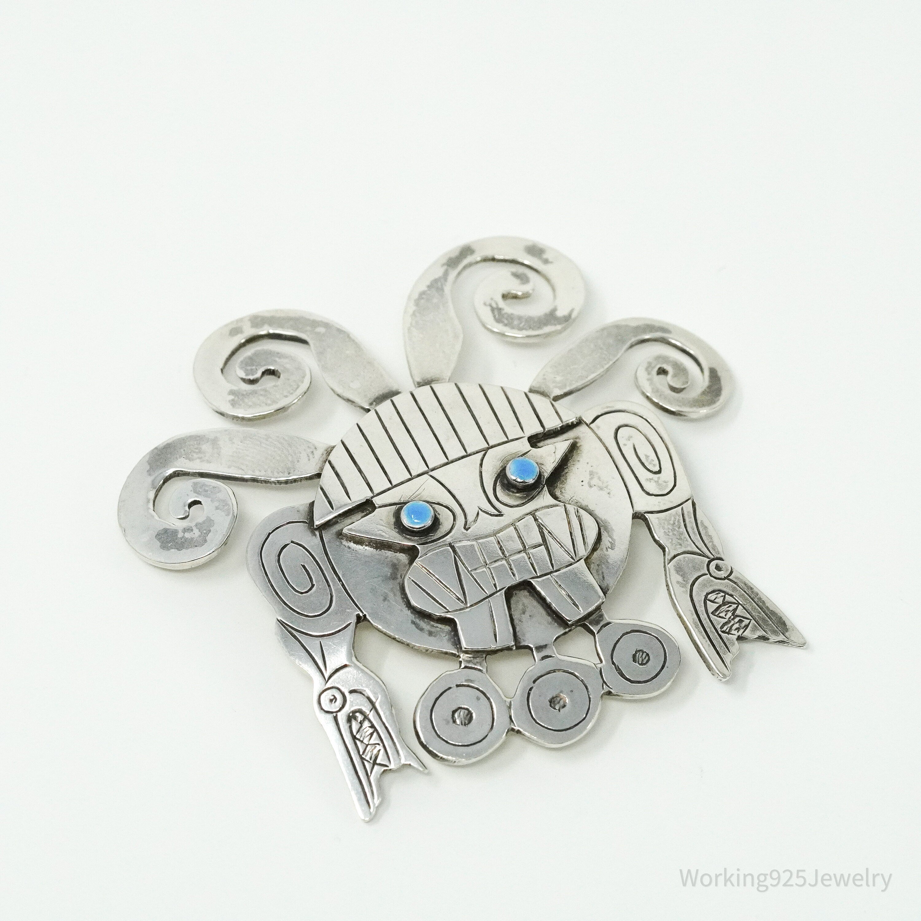 Large Vintage Aztec Mayan Sterling Silver Brooch Pin