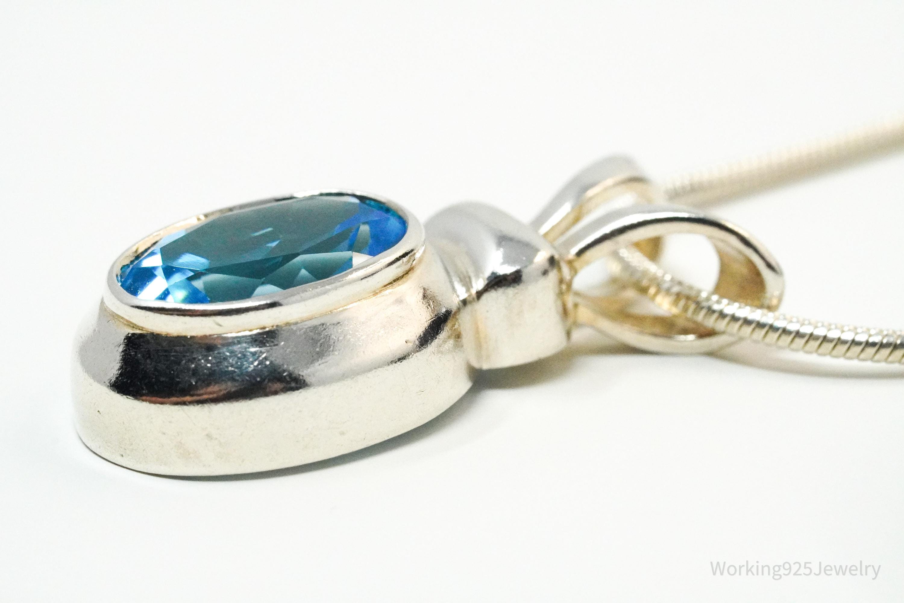 Vintage Large Blue Topaz Sterling Silver Necklace 18"