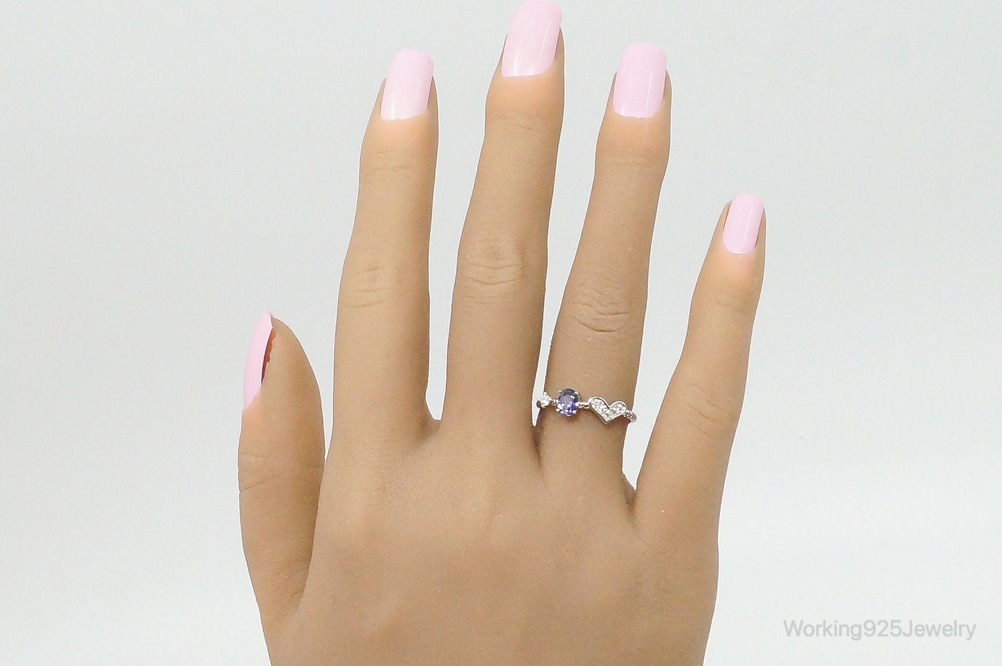 Vintage Amethyst Cubic Zirconia Heart Sterling Silver Ring - Size 6.5 Adjustable