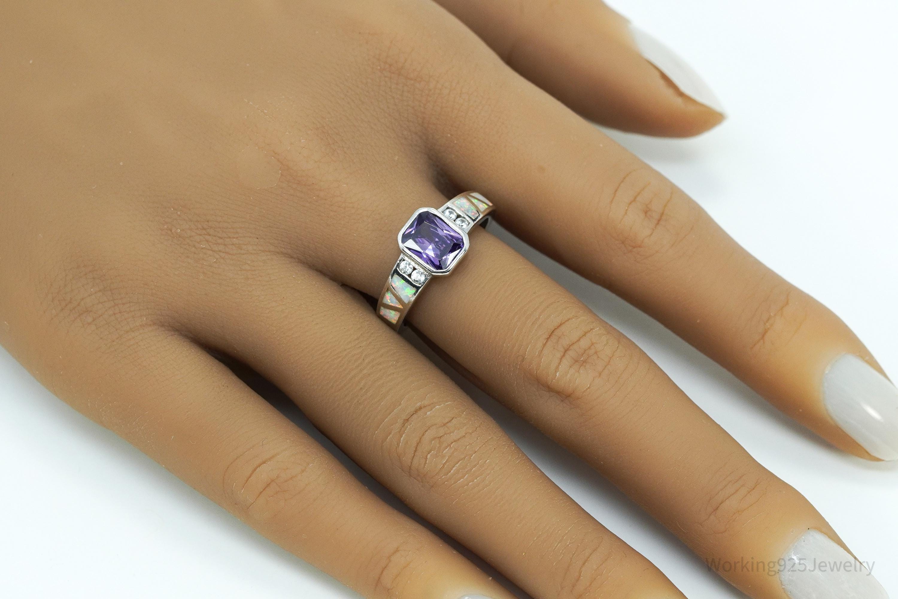 Vintage Amethyst Cubic Zirconia Opal Sterling Silver Ring - Size 8.75