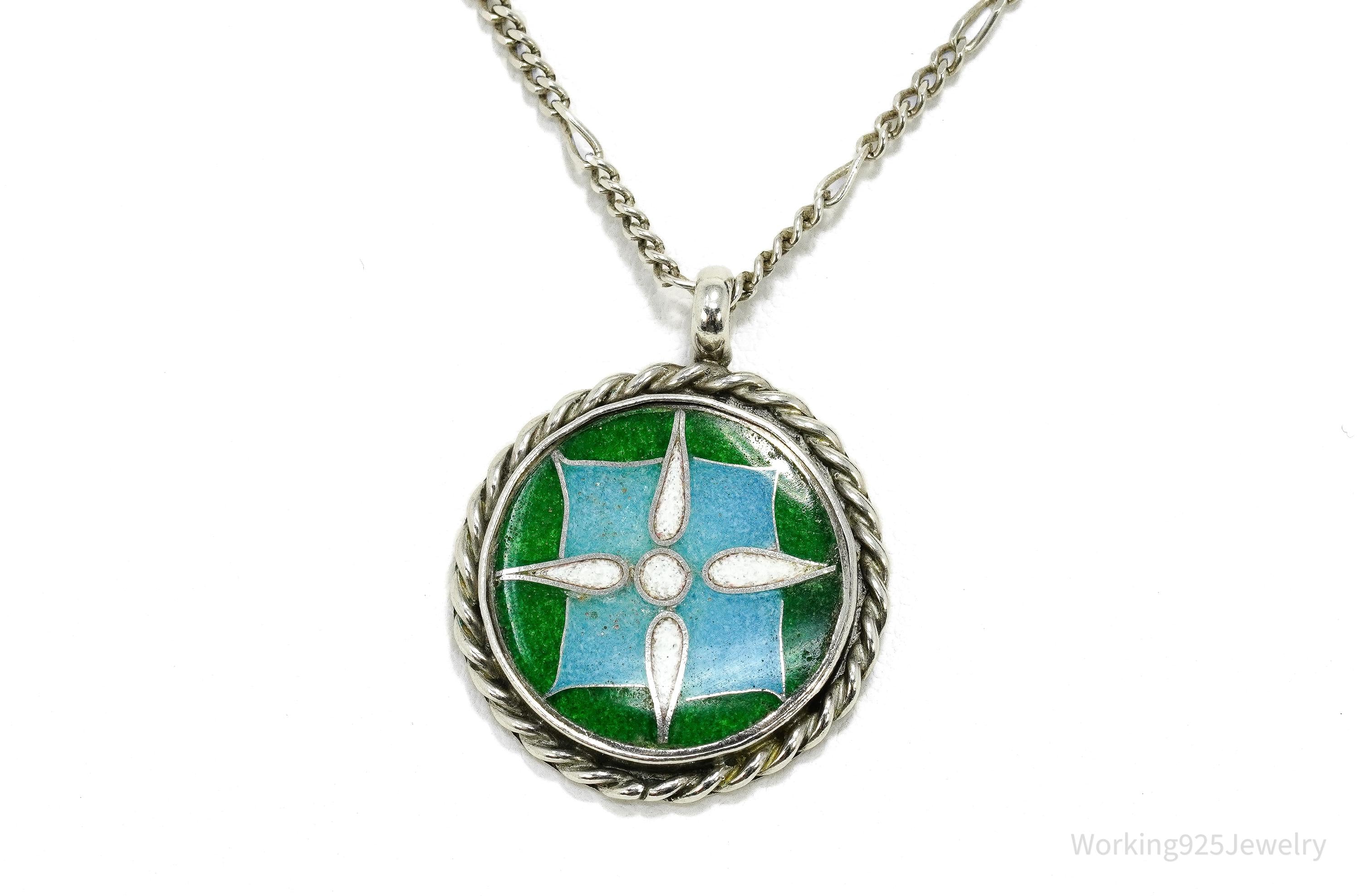 Vintage Green, Blue & White Enamel Inlay Sterling Silver Necklace 18"