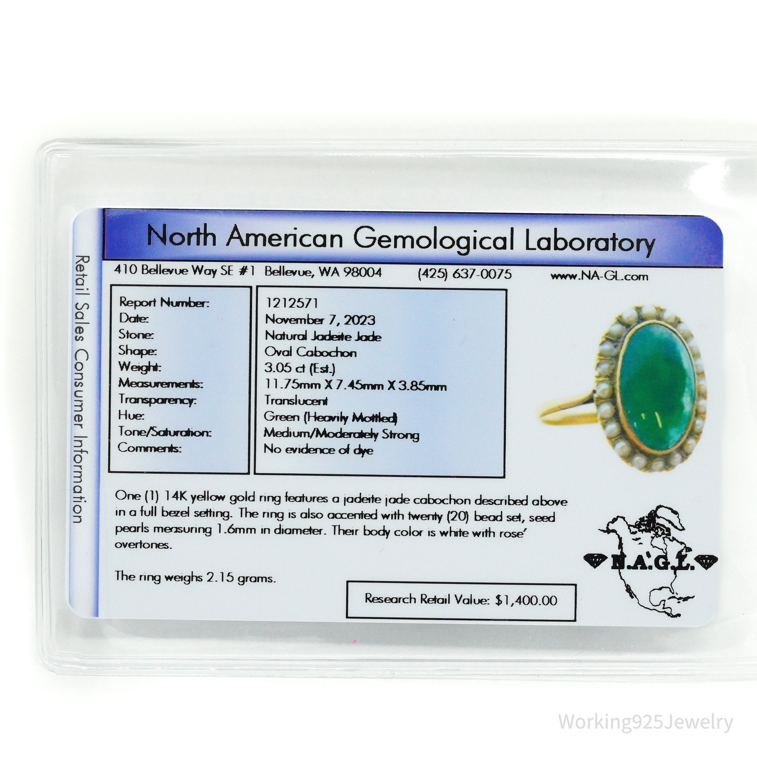 14K Yellow Gold Jadeite Jade Cabochon & Seed Pearls Ring - Size 4 1/2