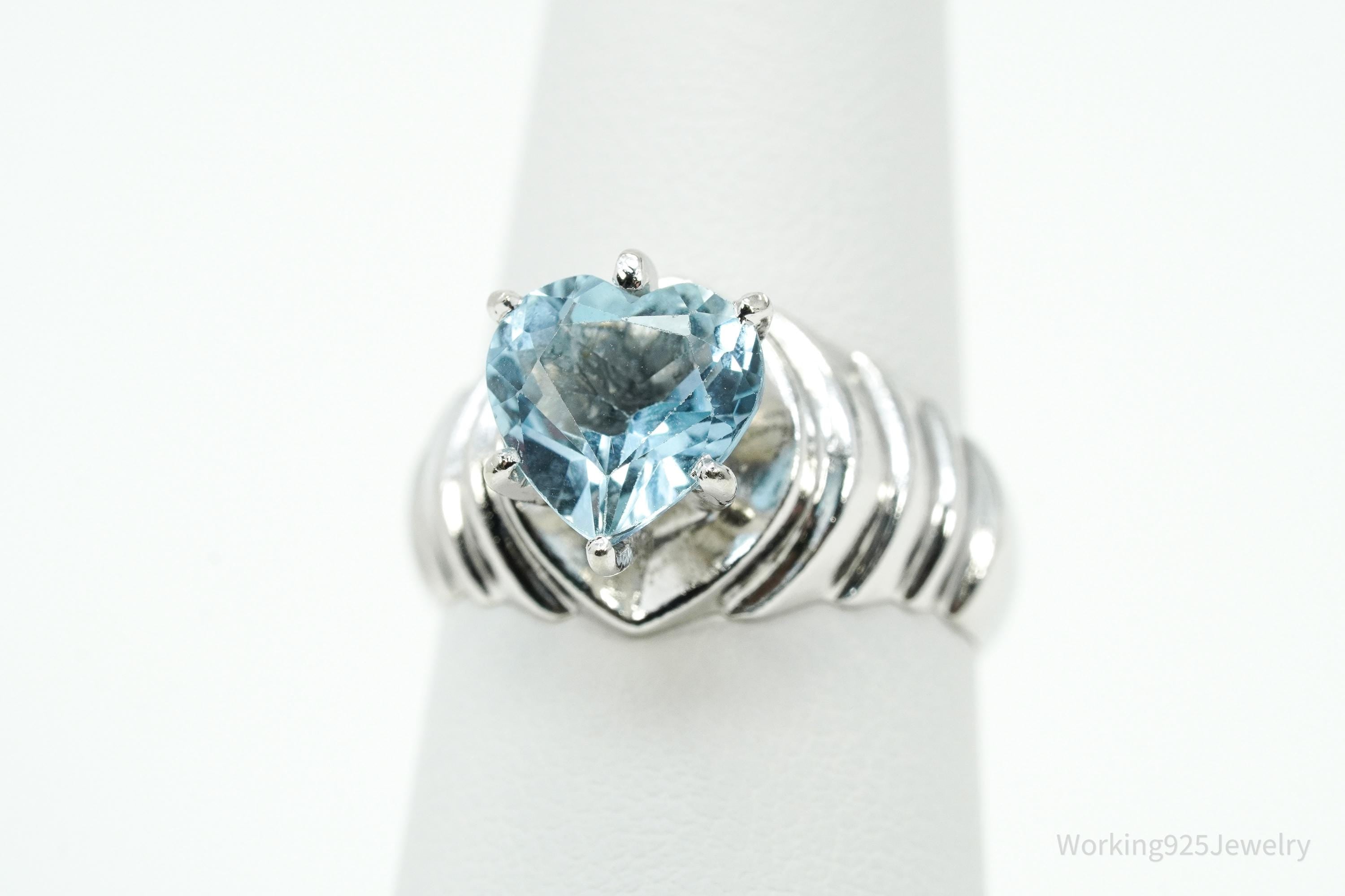 Vintage Blue Topaz Heart Sterling Silver Ring - Size 6.75