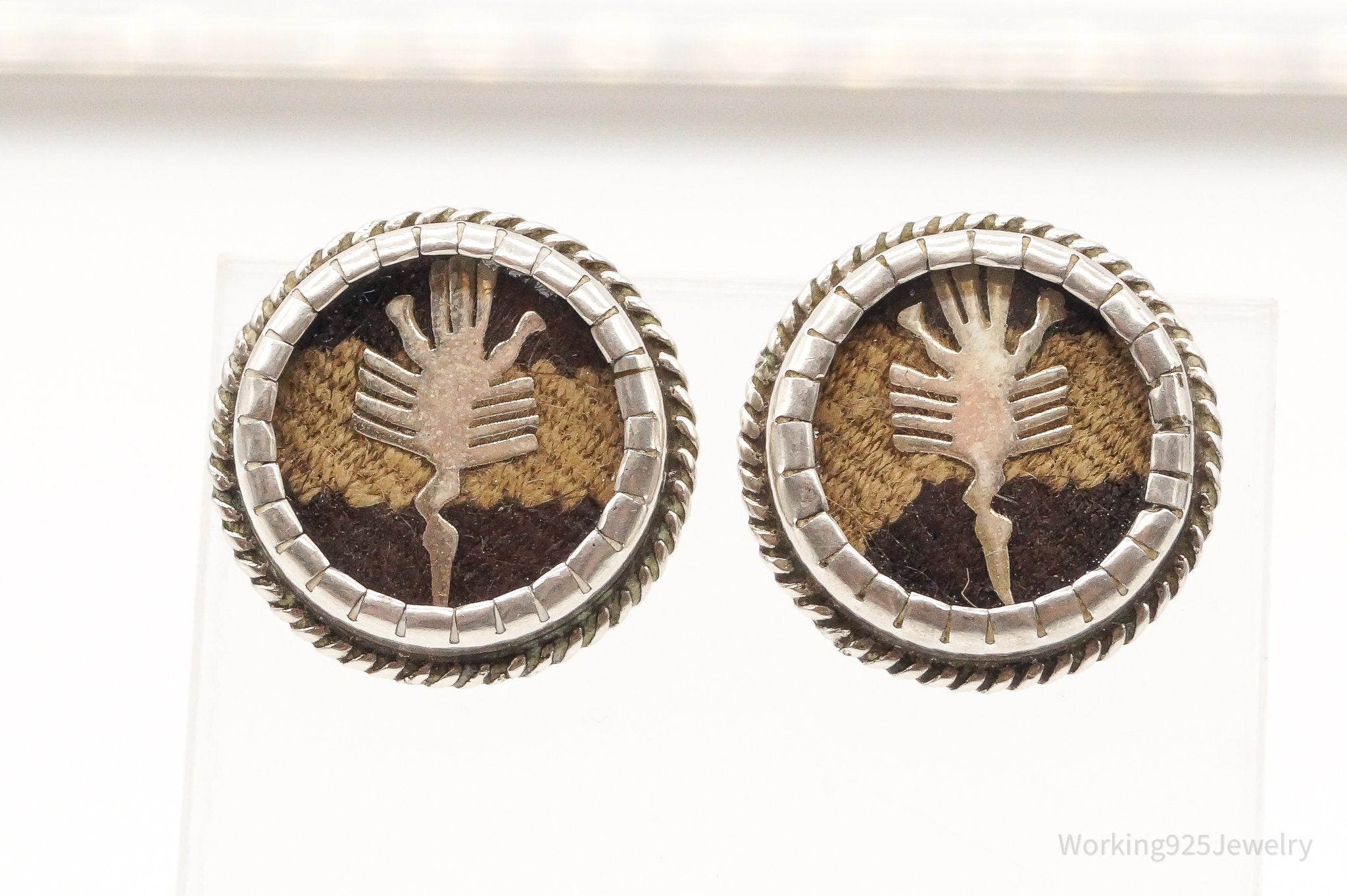 Vintage Mexican Blanket Woven Sterling Silver Earrings