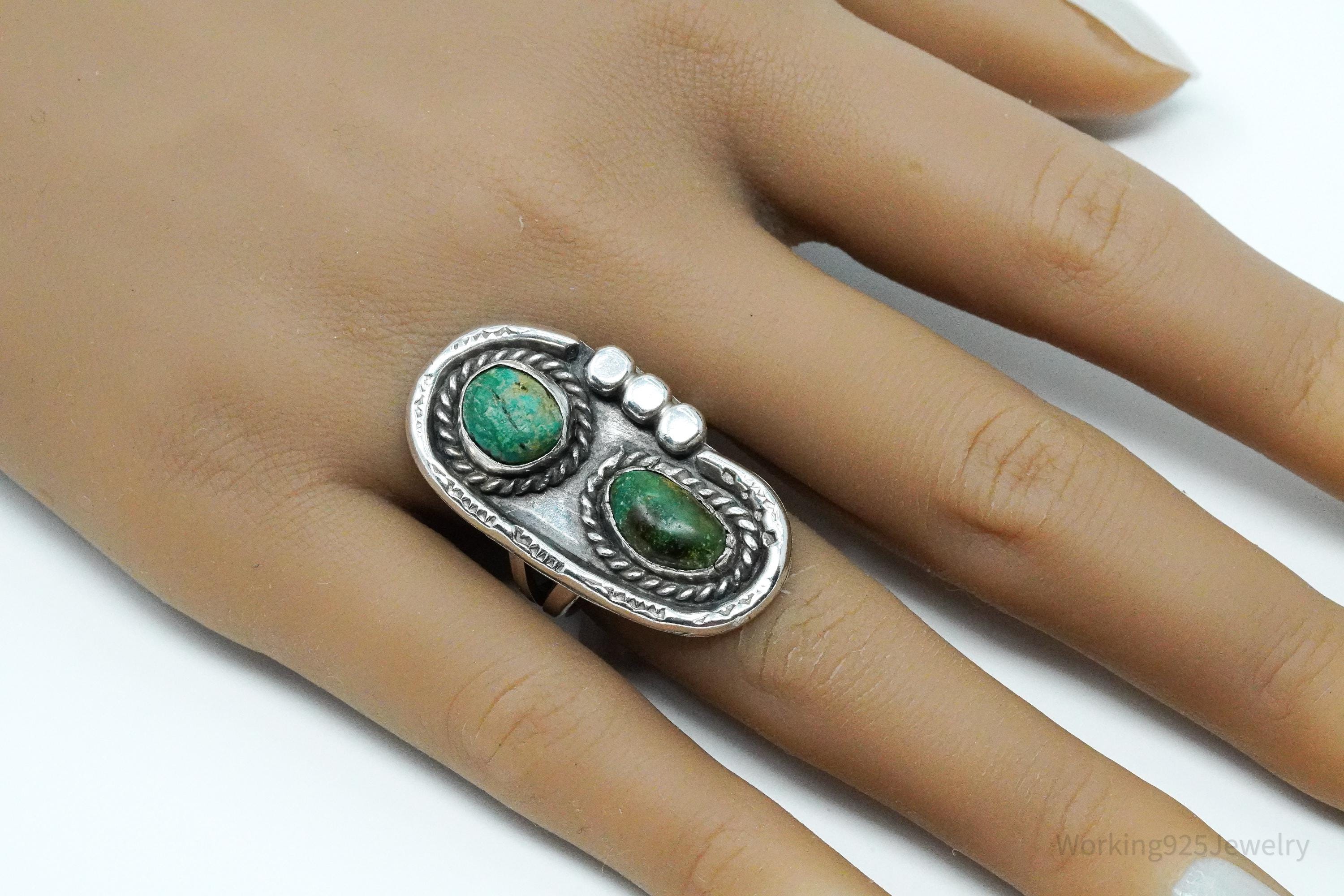 Vintage Handmade Native American Turquoise Unsigned Silver Ring - Size 7.75
