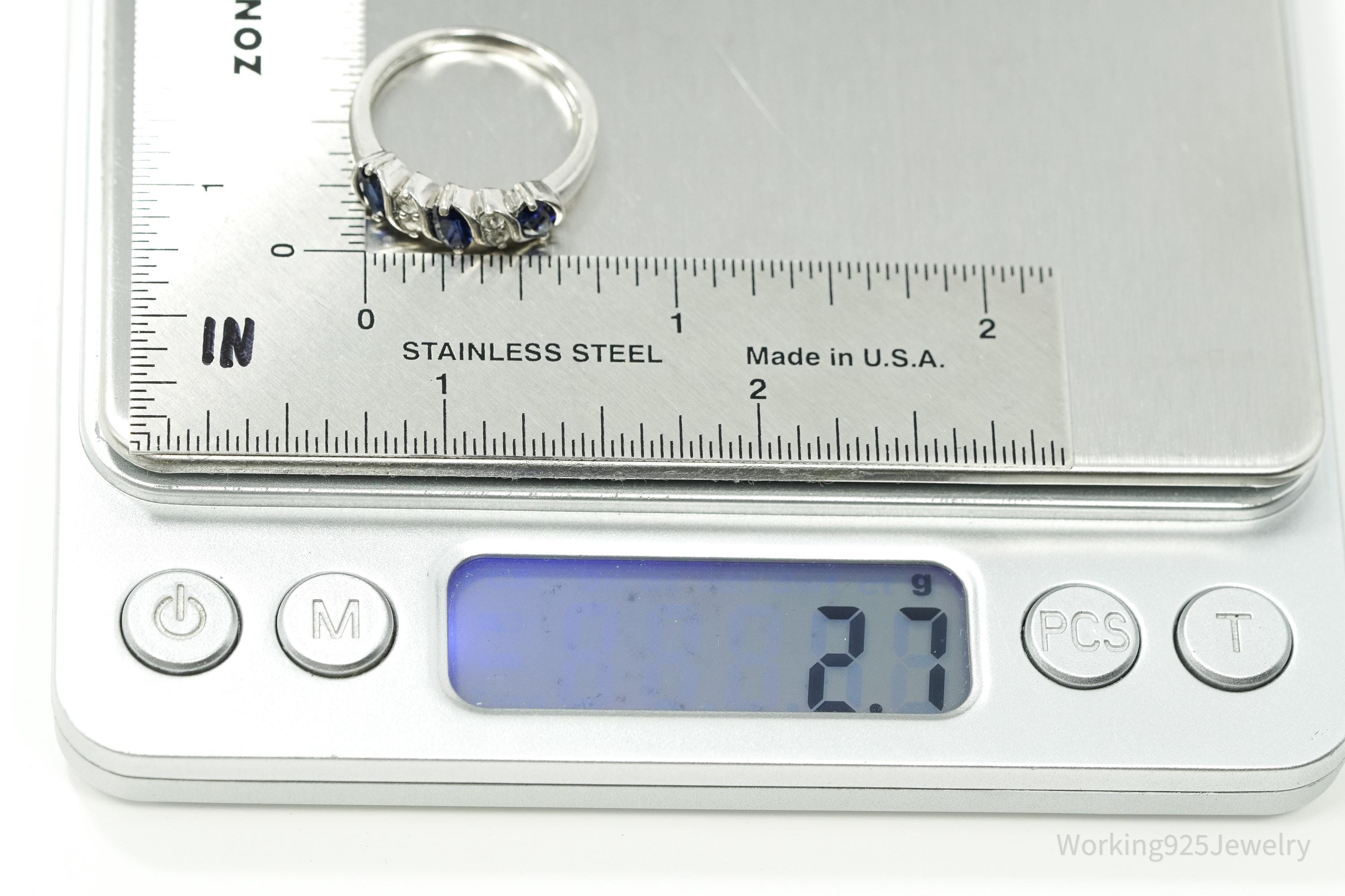 Vintage Lab Sapphire & White Topaz Sterling Silver Ring - Size 7