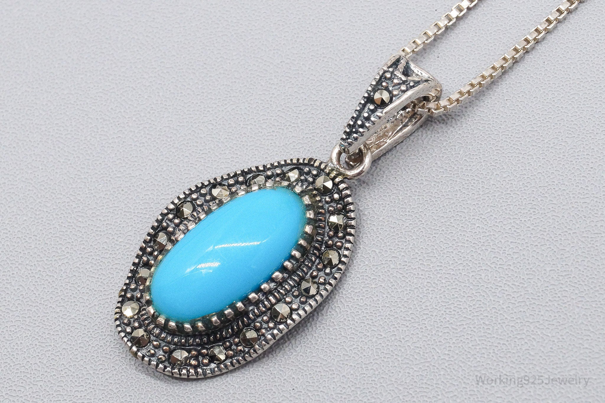 Vintage Turquoise Marcasite Sterling Silver Necklace 18"