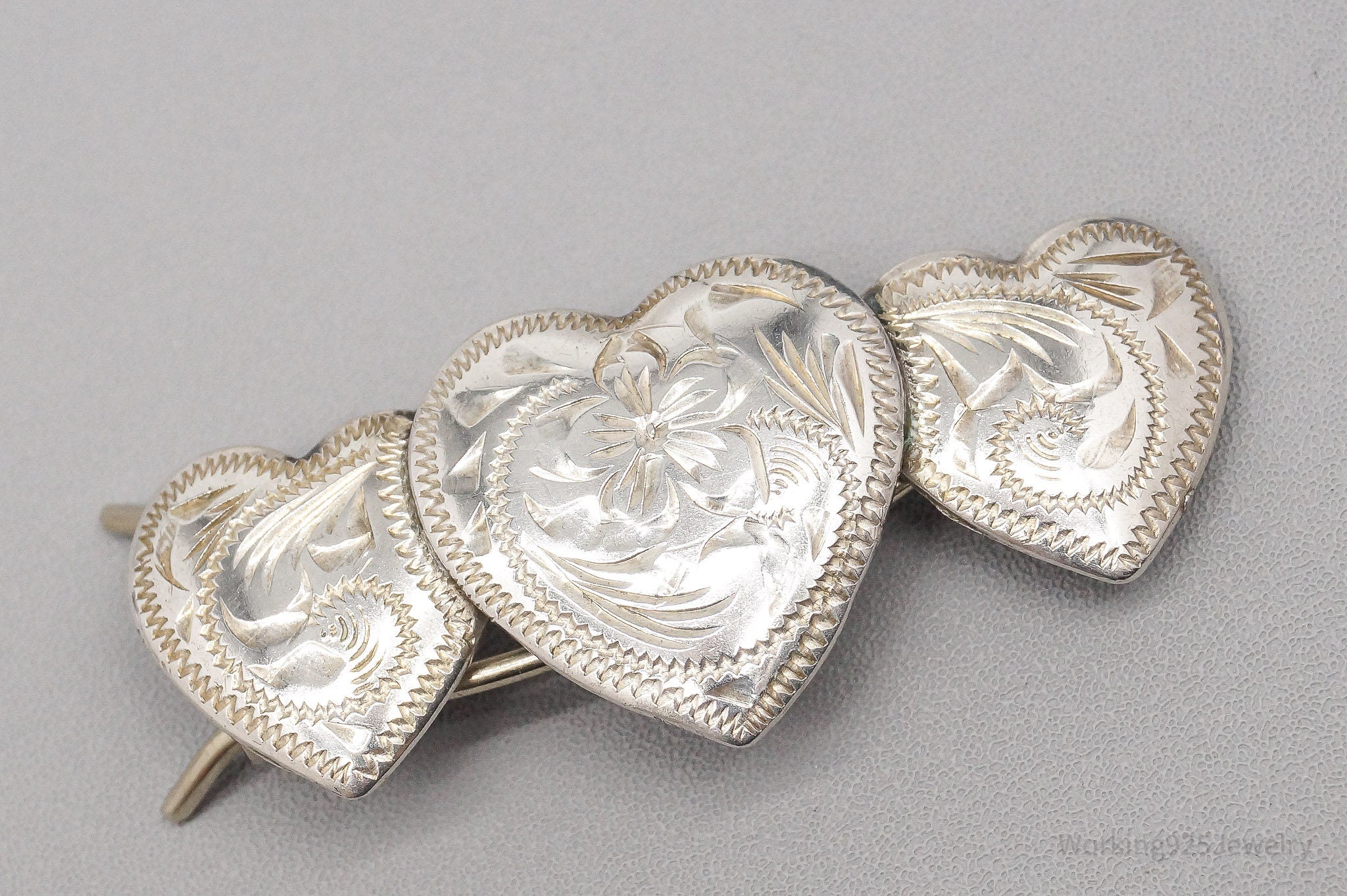 Vintage Floral Etched Hearts Sterling Silver Hair Barrette Clip