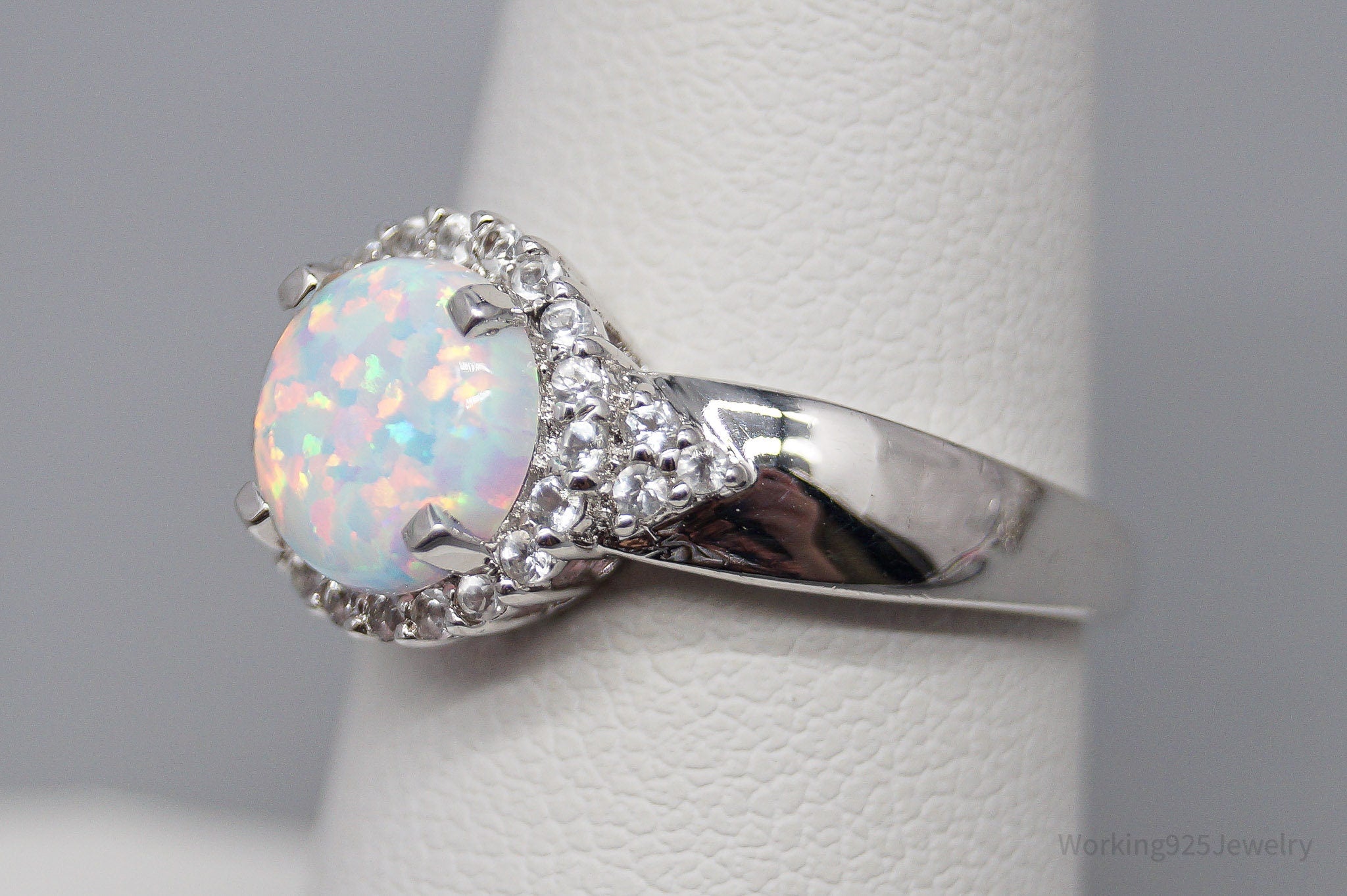Vintage White Opal Cubic Zirconia Sterling Silver Ring - Size 7