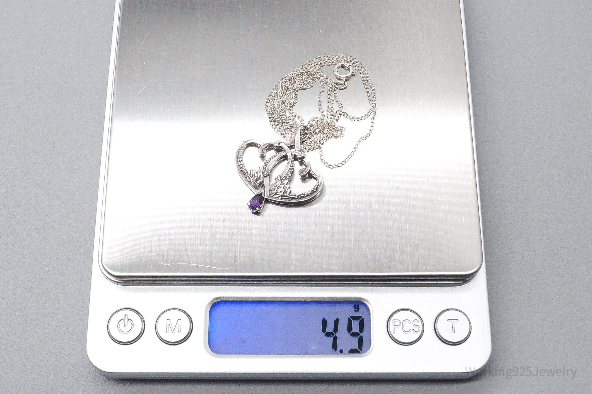 Vintage 1893 GRADH Franklin Mint Double Heart Amethyst Sterling Silver Necklace