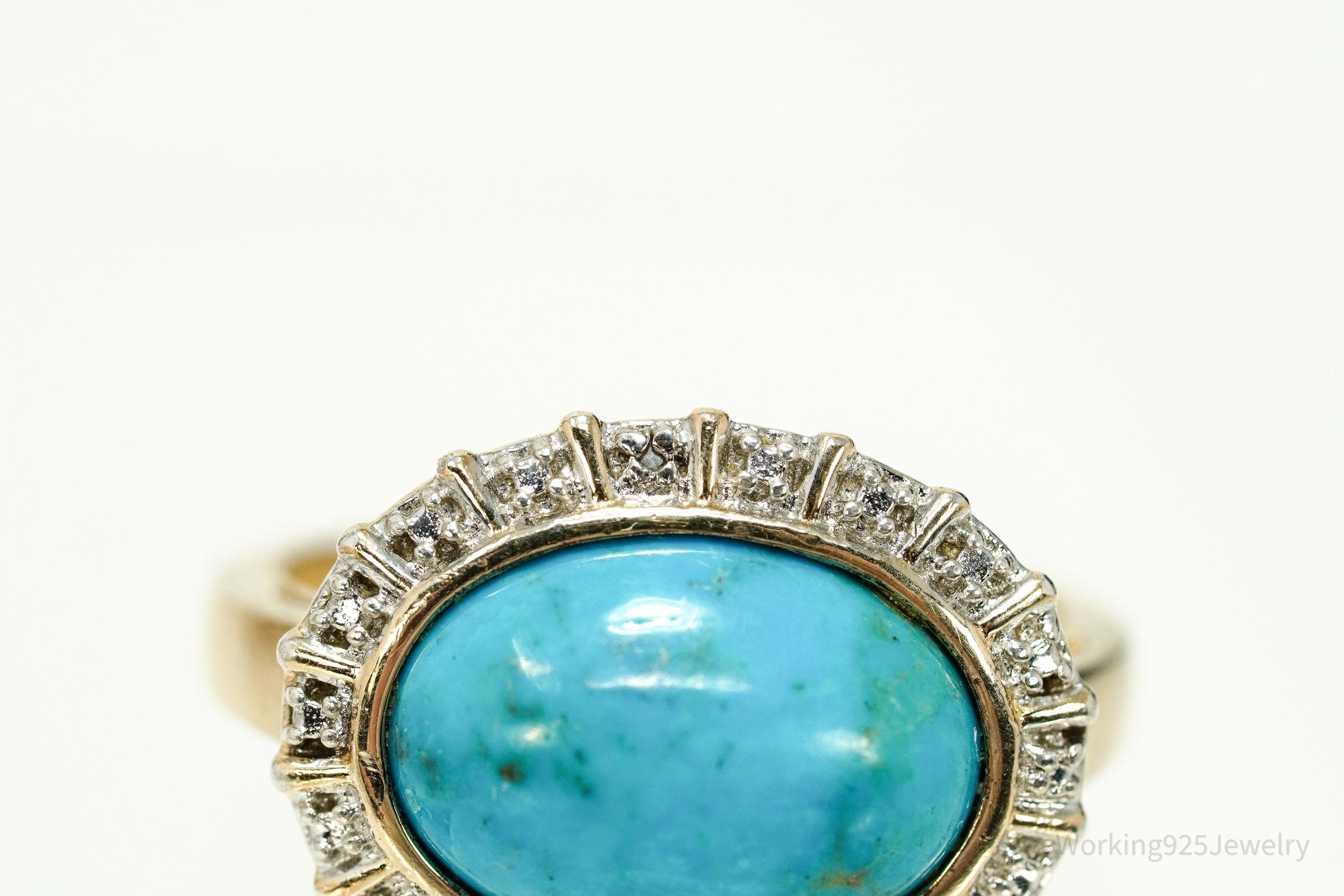 VTG Designer Ross Simons Turquoise & Diamond Gold Over Sterling Silver Ring - Size 9