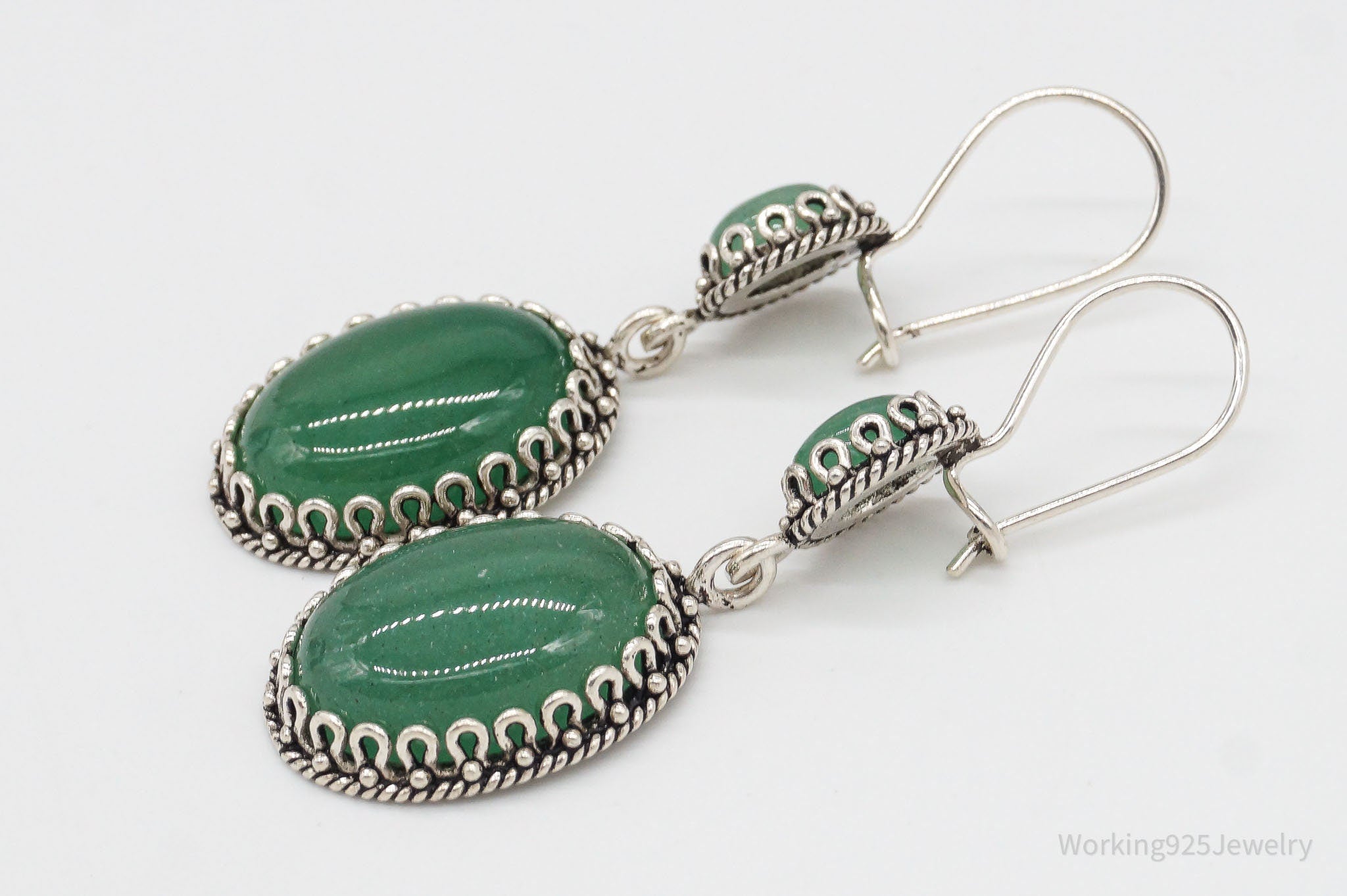 Vintage Turkey Designer DGS Green Aventurine Sterling Silver Earrings