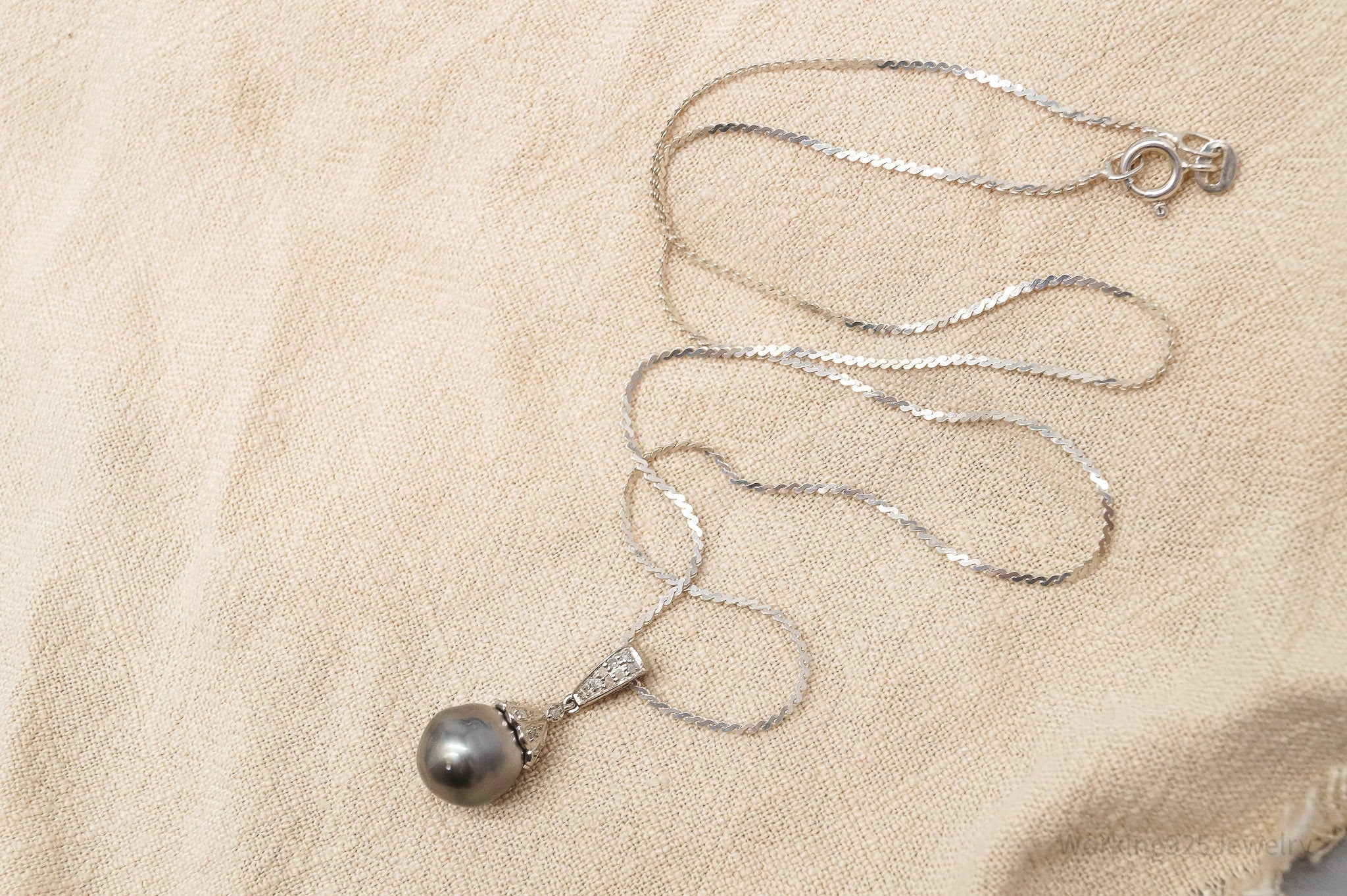 Vintage Pearl & Diamond Sterling Silver Necklace 18"