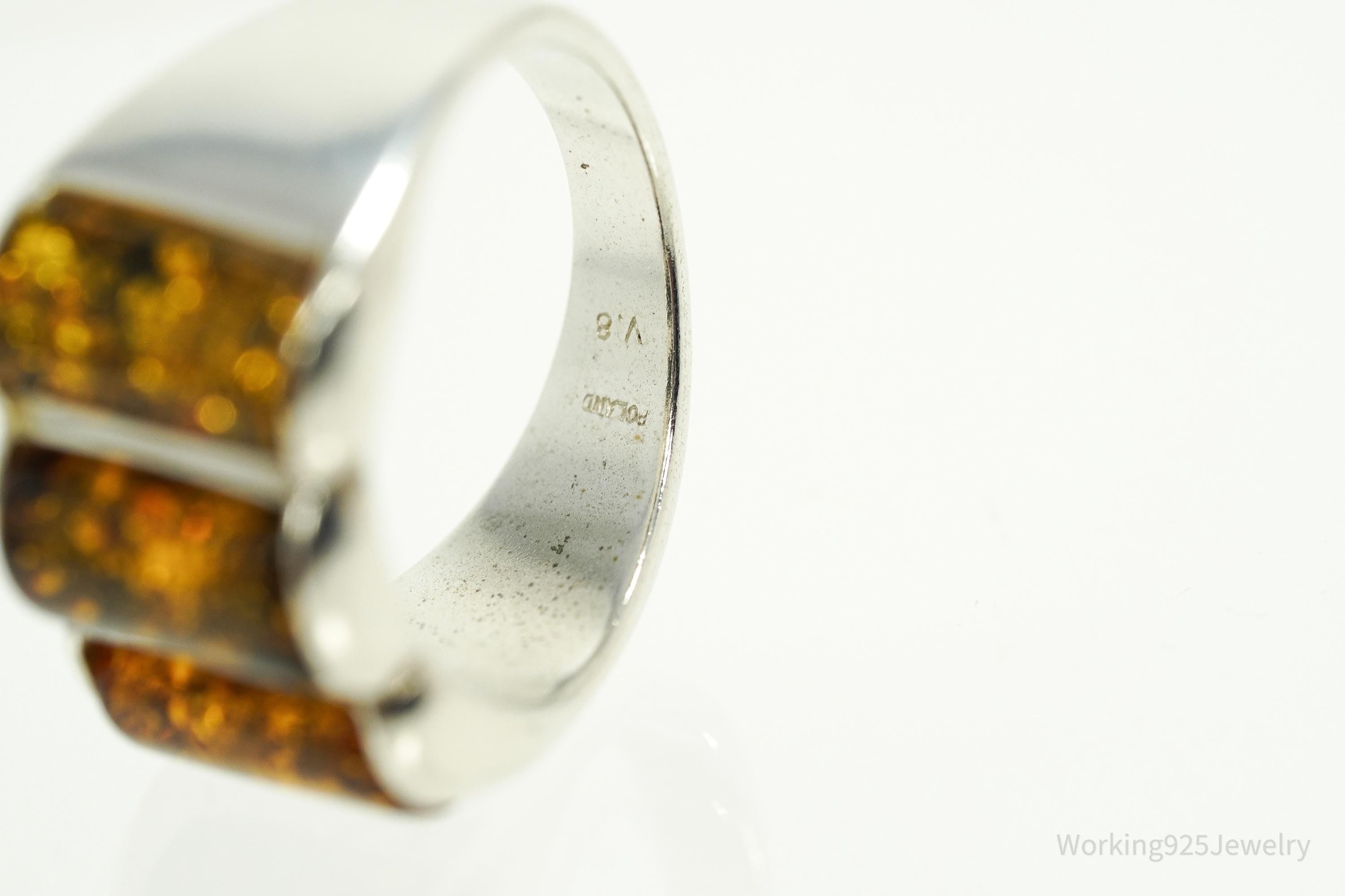 Vintage Amber Modernist Style Sterling Silver Ring - Size 6