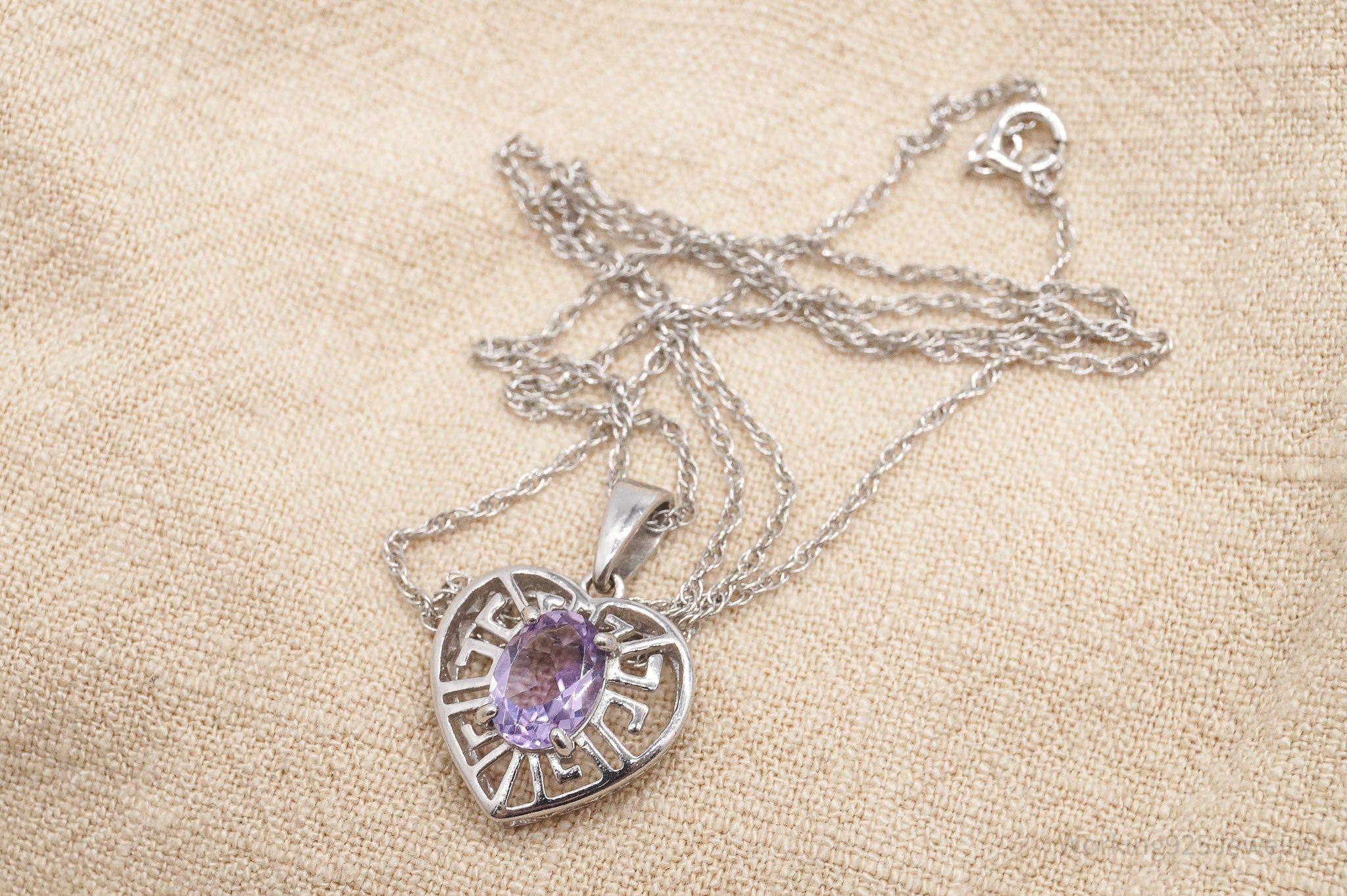 Vintage Amethyst Heart Sterling Silver Necklace 19"
