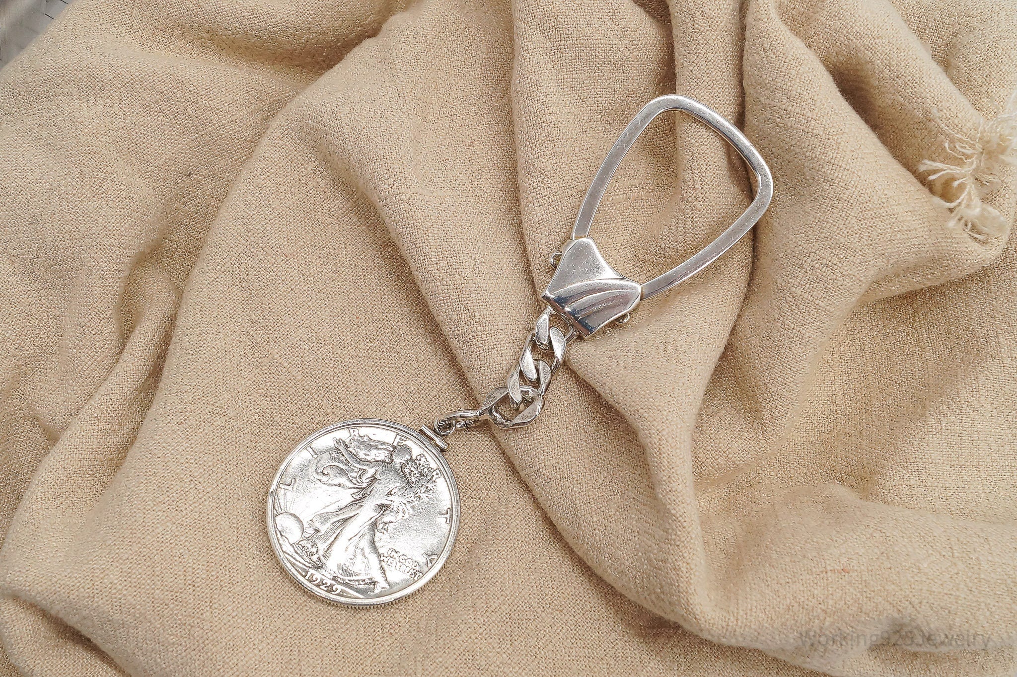 Vintage 1929 Walking Liberty Half Dollar Coin Sterling Silver Keychain