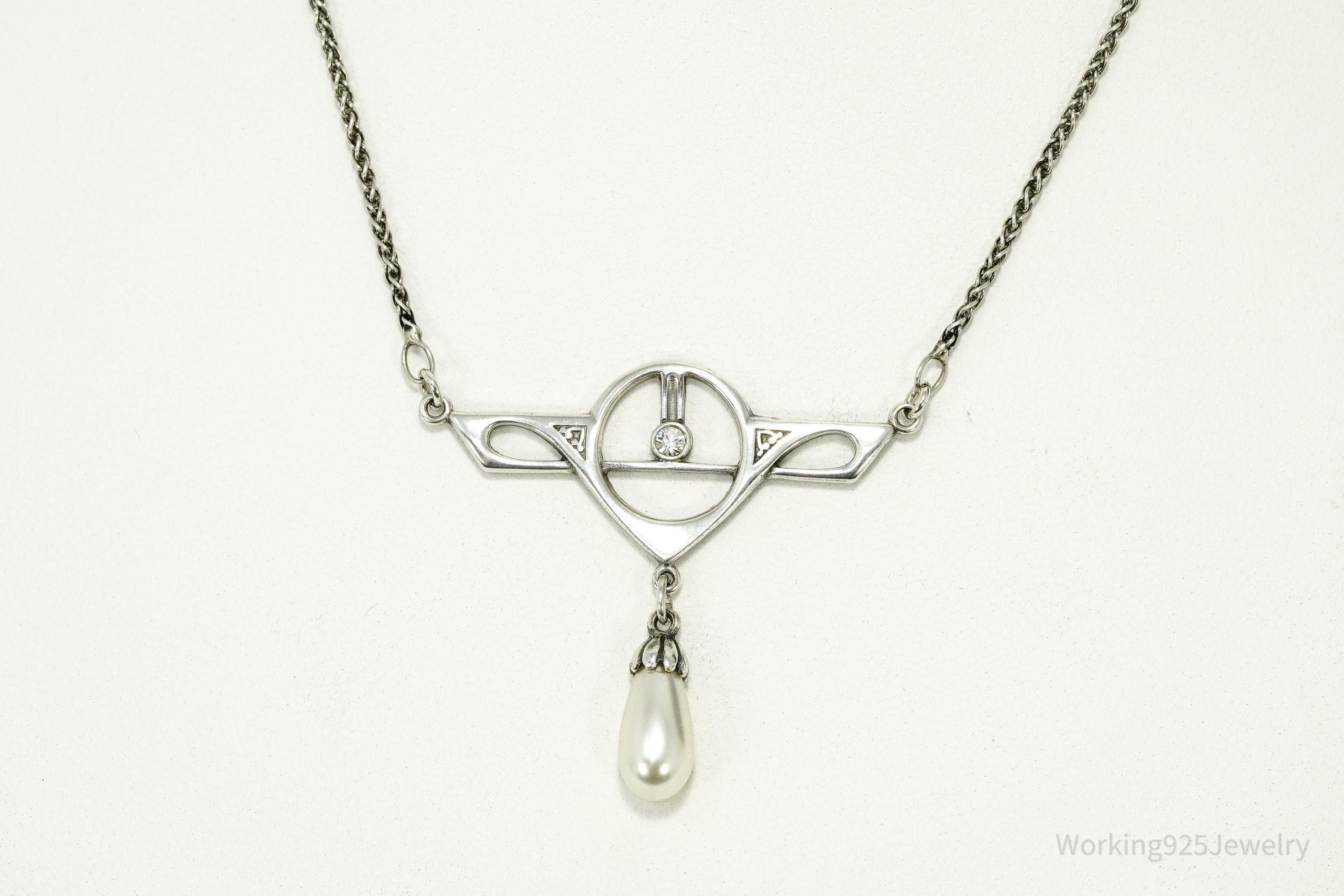 Vintage Art Nouveau Style Pearl & Swarovski Crystal Sterling Silver Necklace 15"