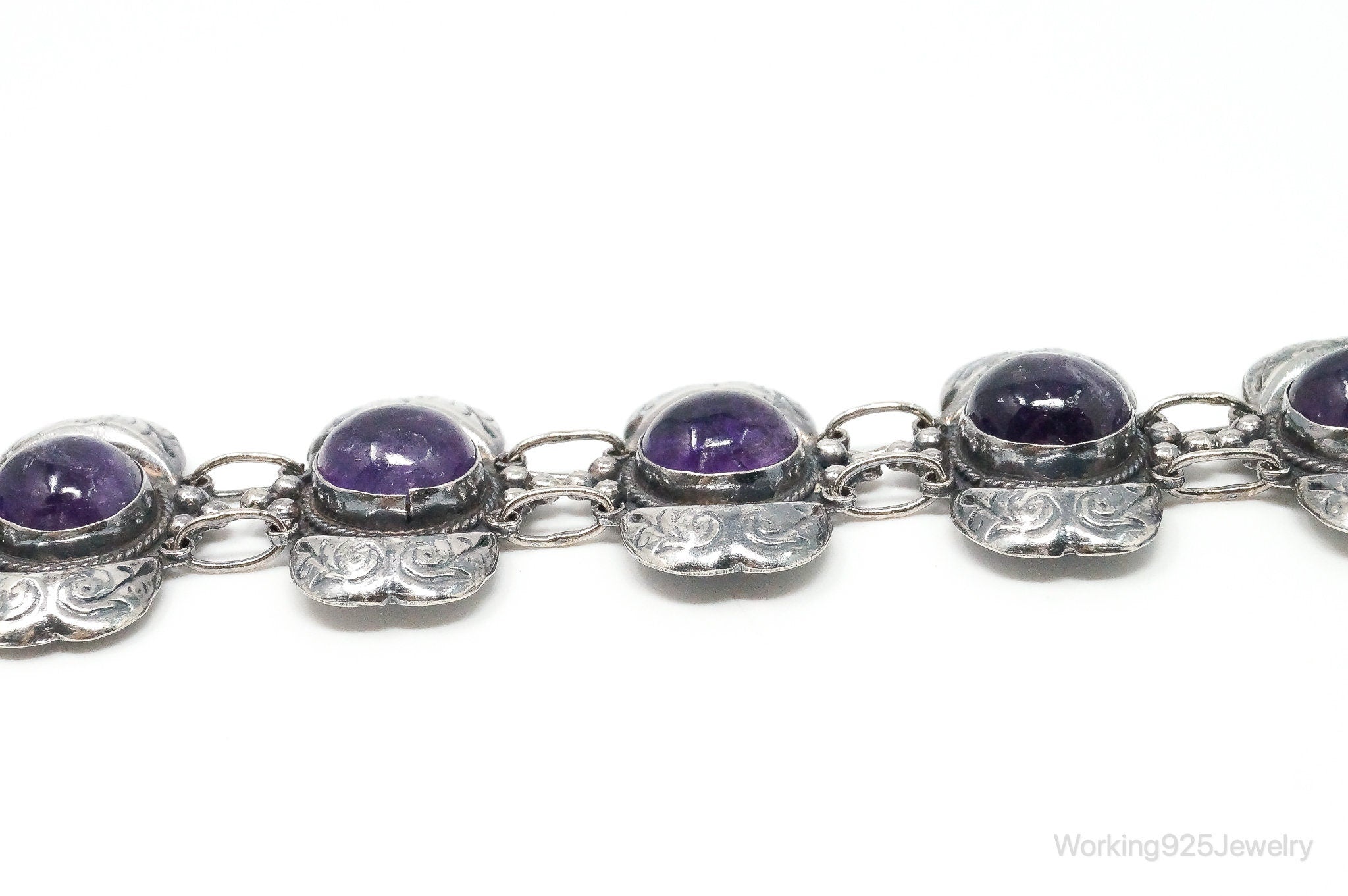 Vintage Mexico AJM Amethyst Modernist Sterling Silver Bracelet