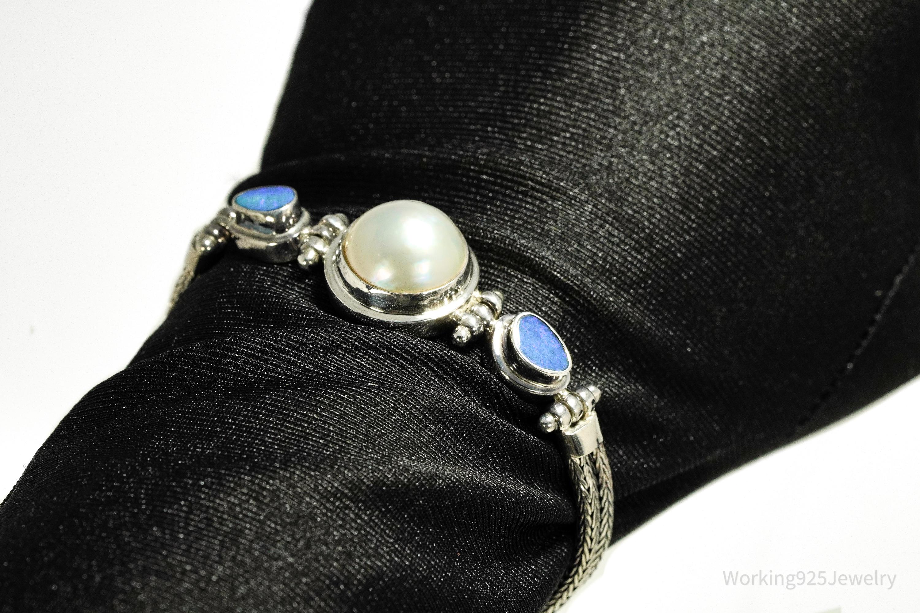 Vintage White Pearl & Opal Sterling Silver Toggle Bracelet 7 1/8"