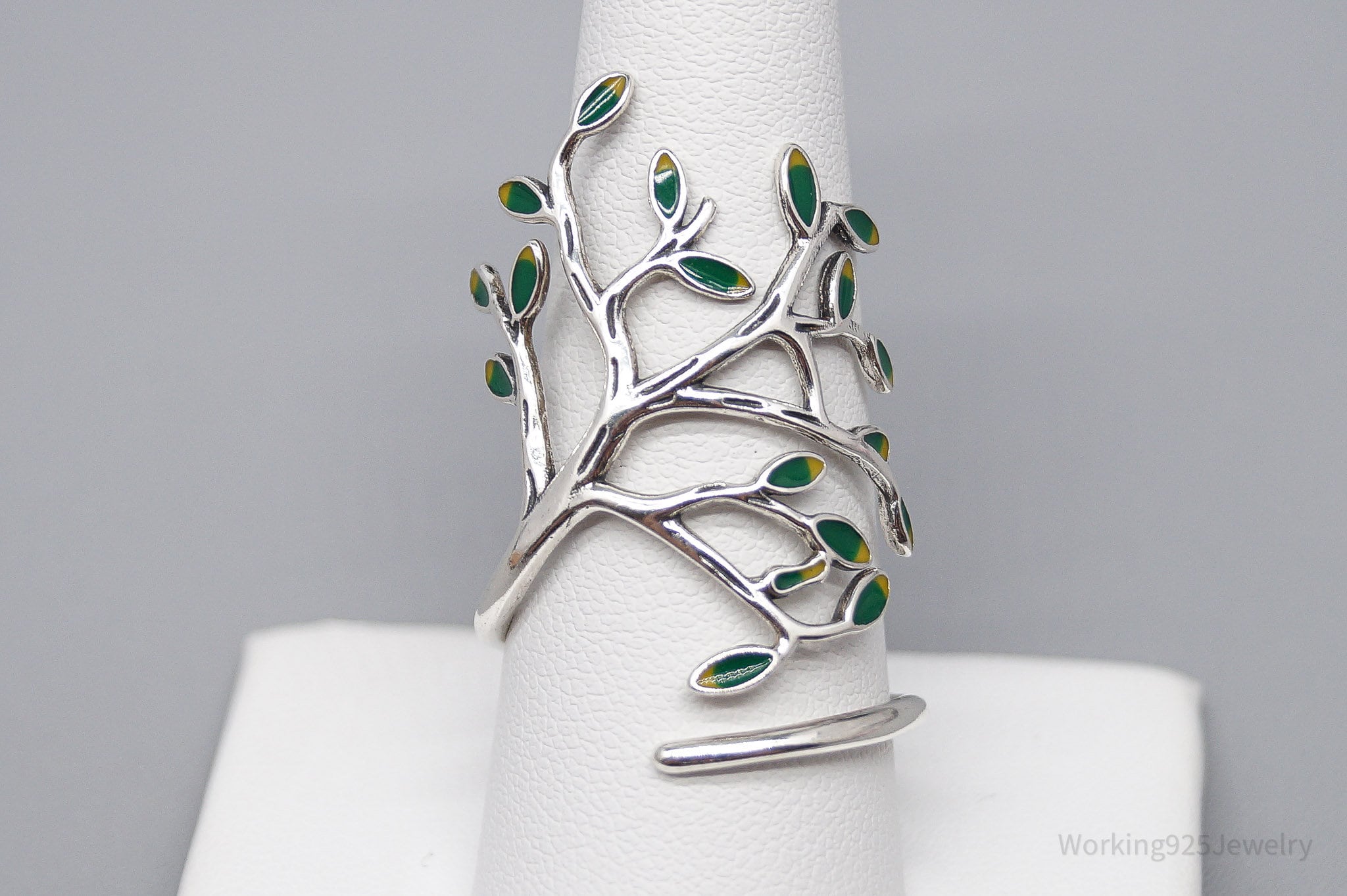 Vintage Tree Sterling Silver & Enamel Wrap Ring - Size 10.15 Adjustable