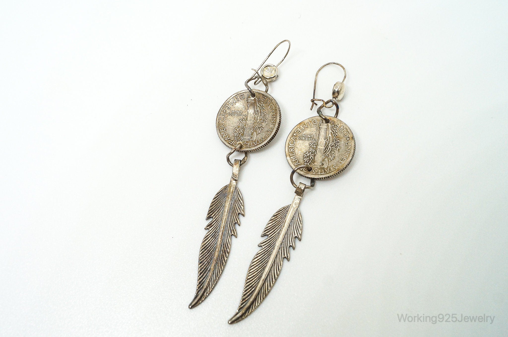 Vintage Native American Handmade Mercury Dime Sterling Silver Earrings