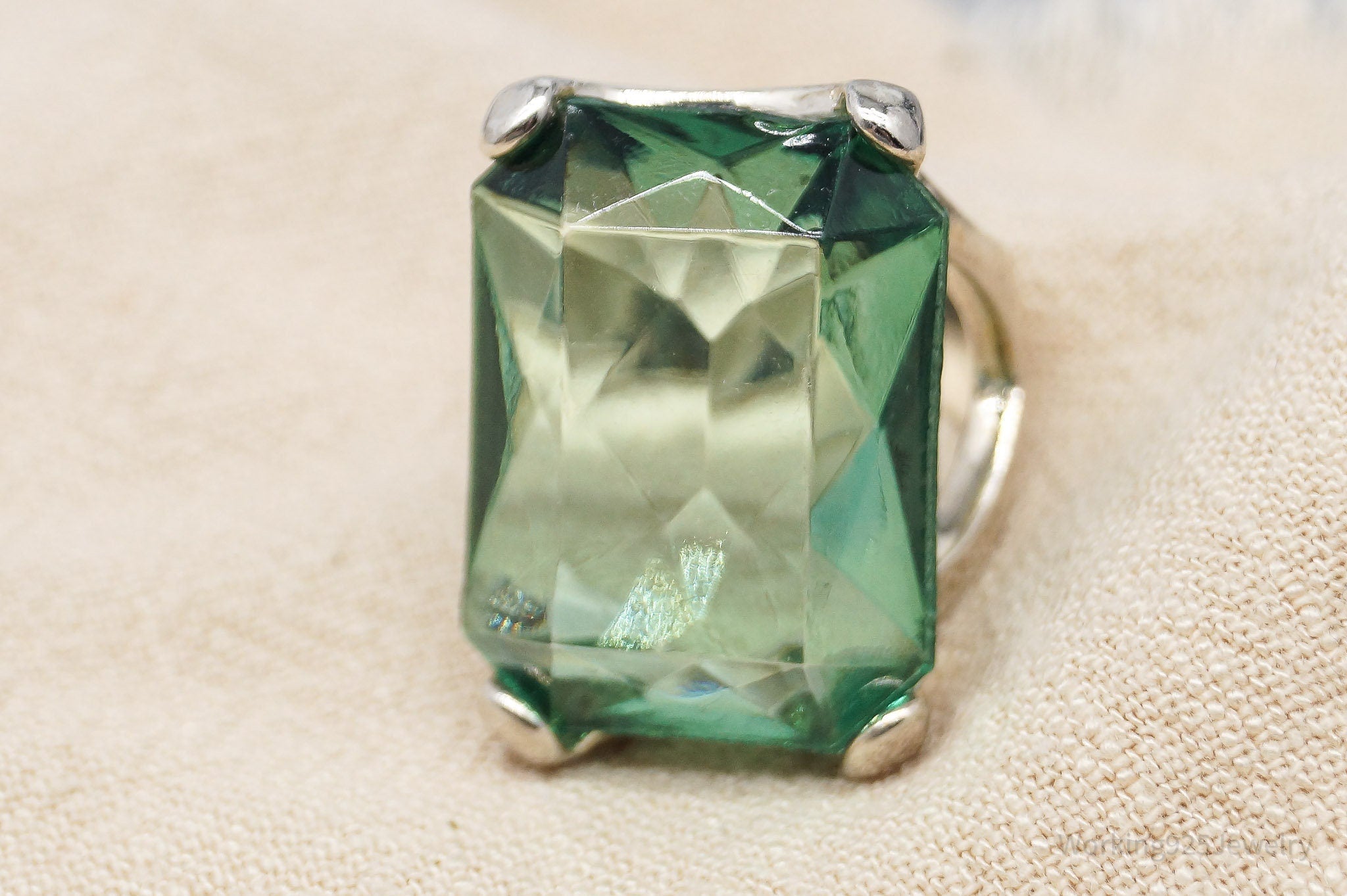 Vintage Faux Plastic Emerald Silver Ring - Size 6.5