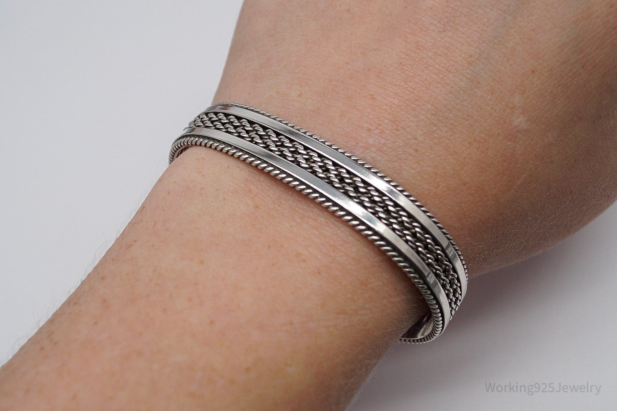 Vintage Native American Tahe Sterling Silver Rope Cable Cuff Bracelet - 6.5"