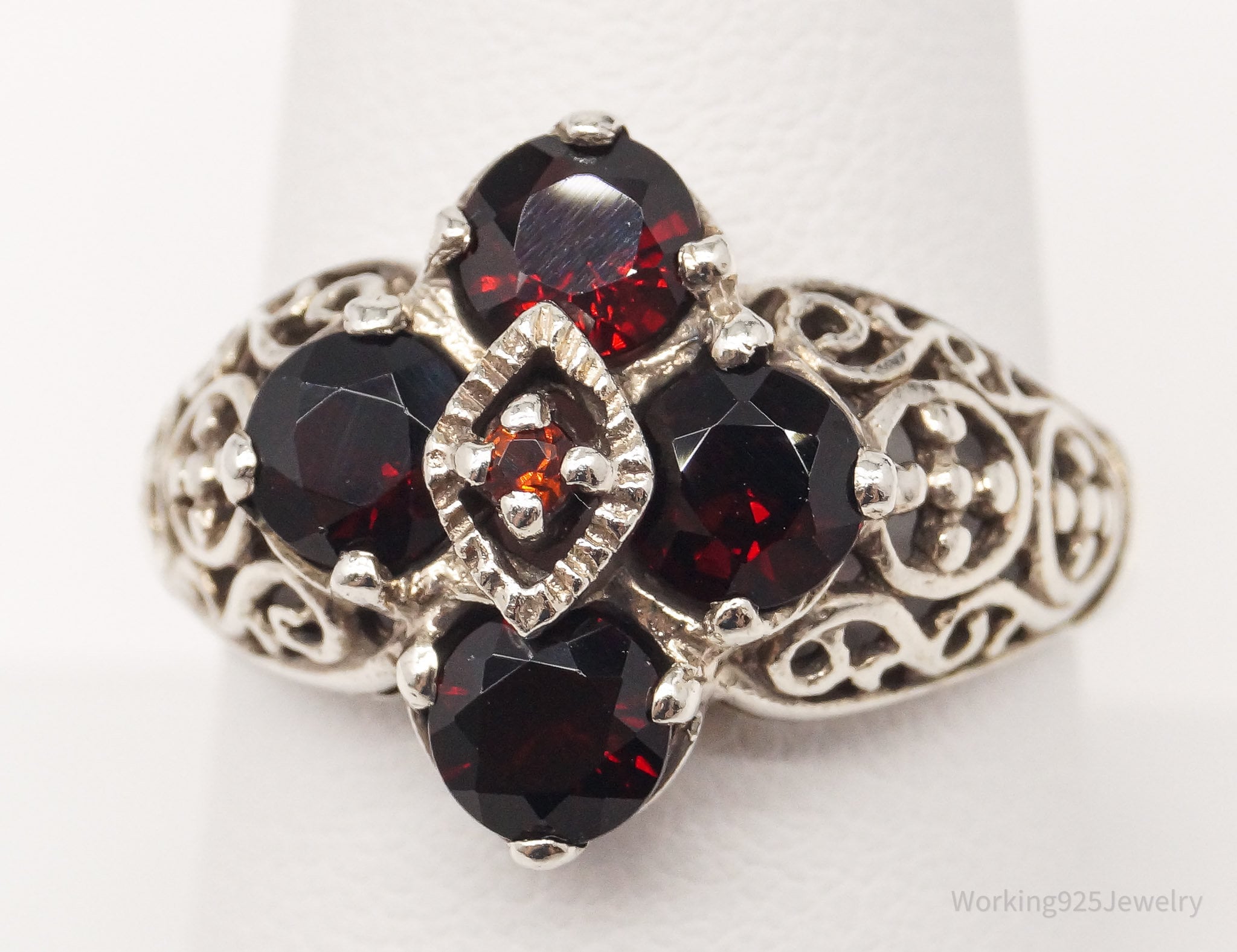 Vintage Garnet Filigree Sterling Silver Ring - Size 8.75