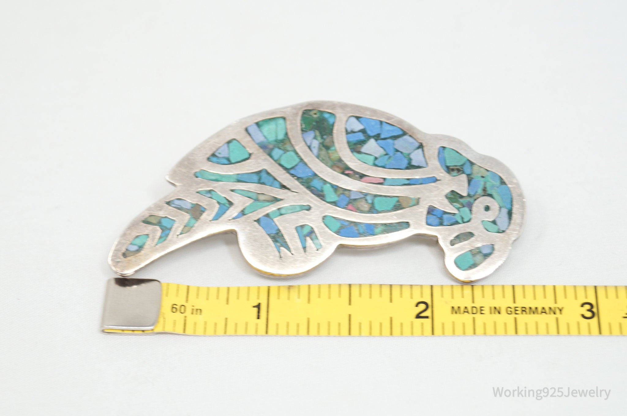 Vintage Mexican Turquoise Mosaic Inlay Parrot Sterling Silver Brooch Pin