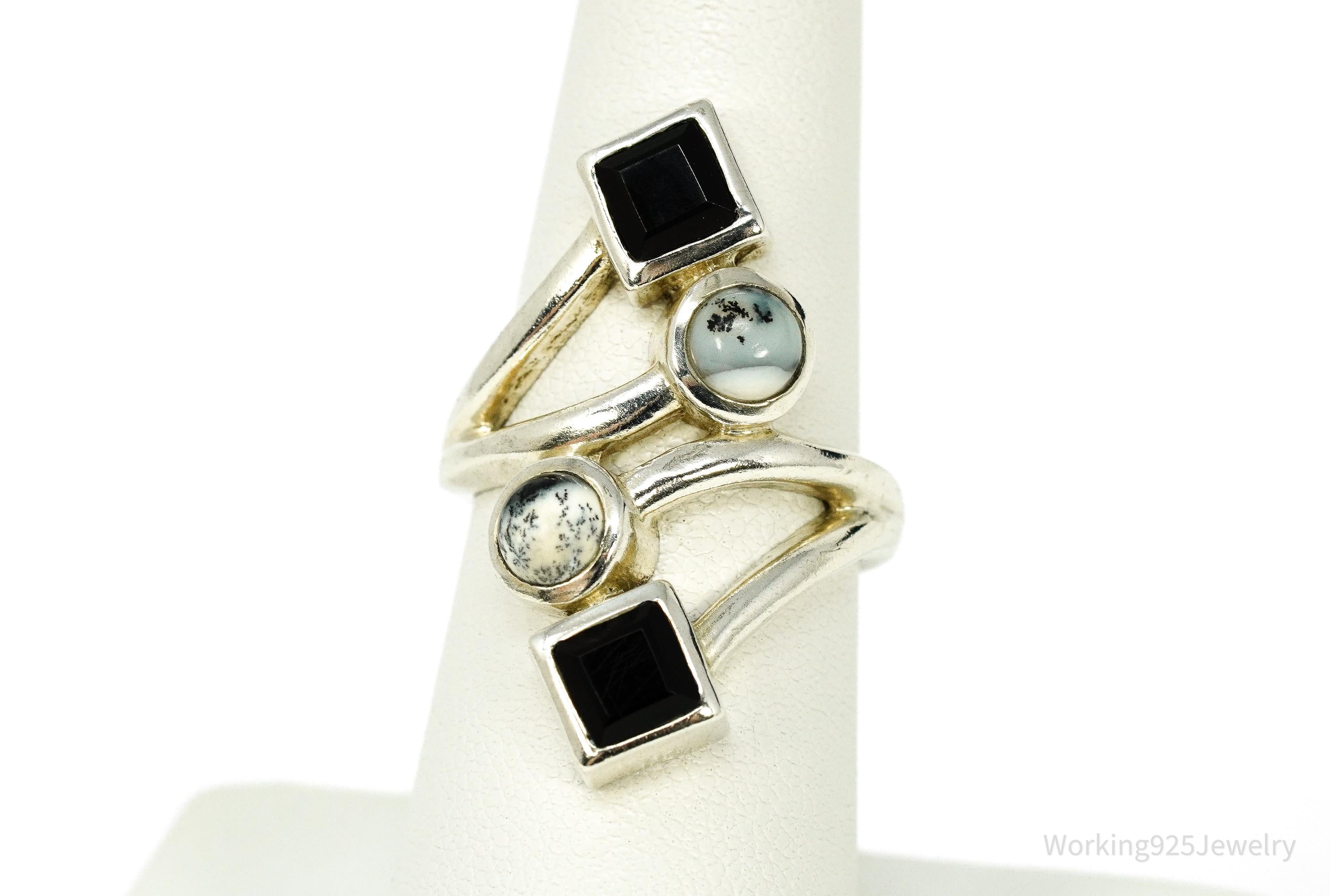 Vintage Dendritic Agate & Black Onyx Silver Ring - Size 6.75