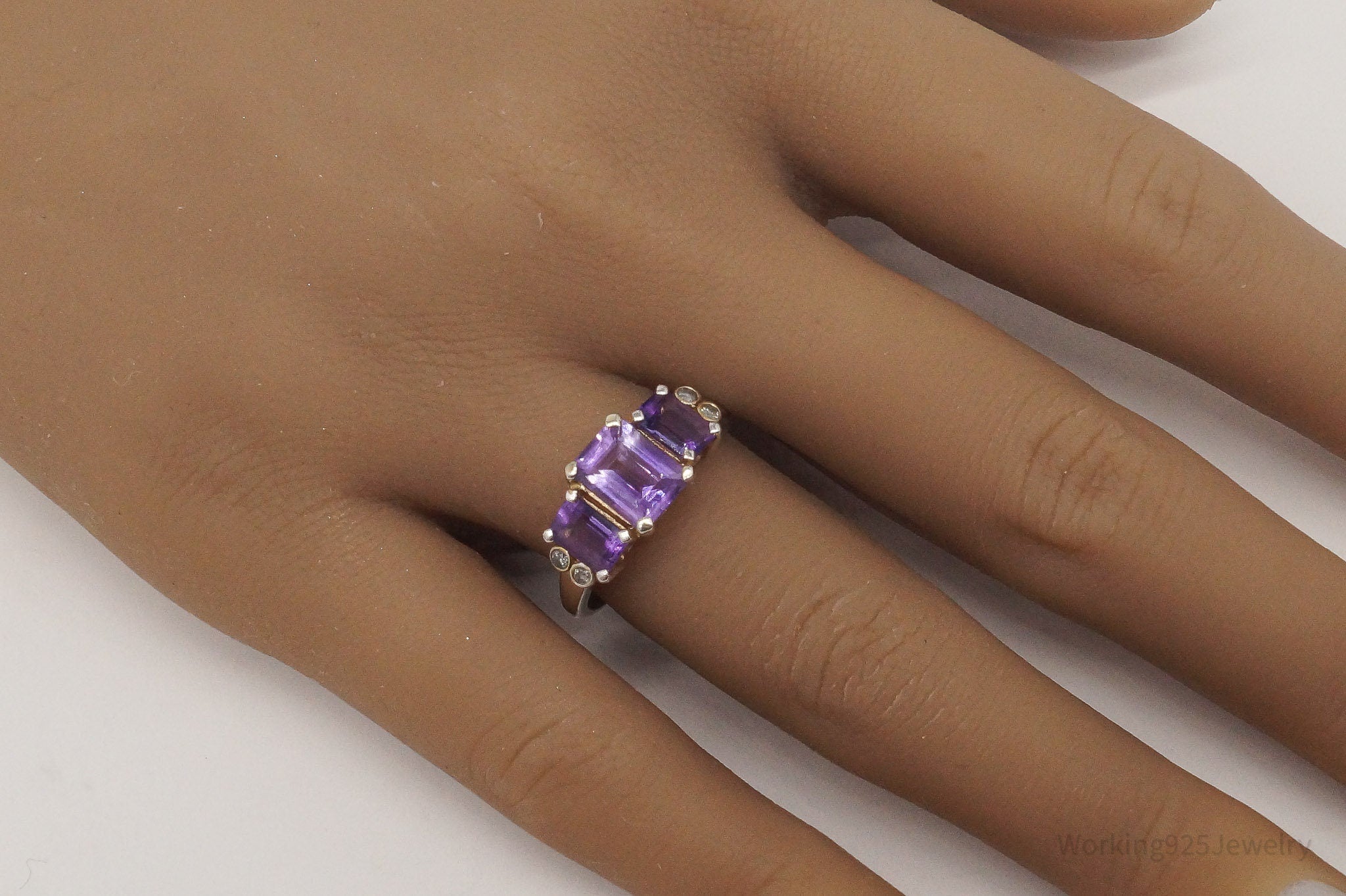 Vintage Amethyst Diamond Sterling Silver Ring - Size 7.75