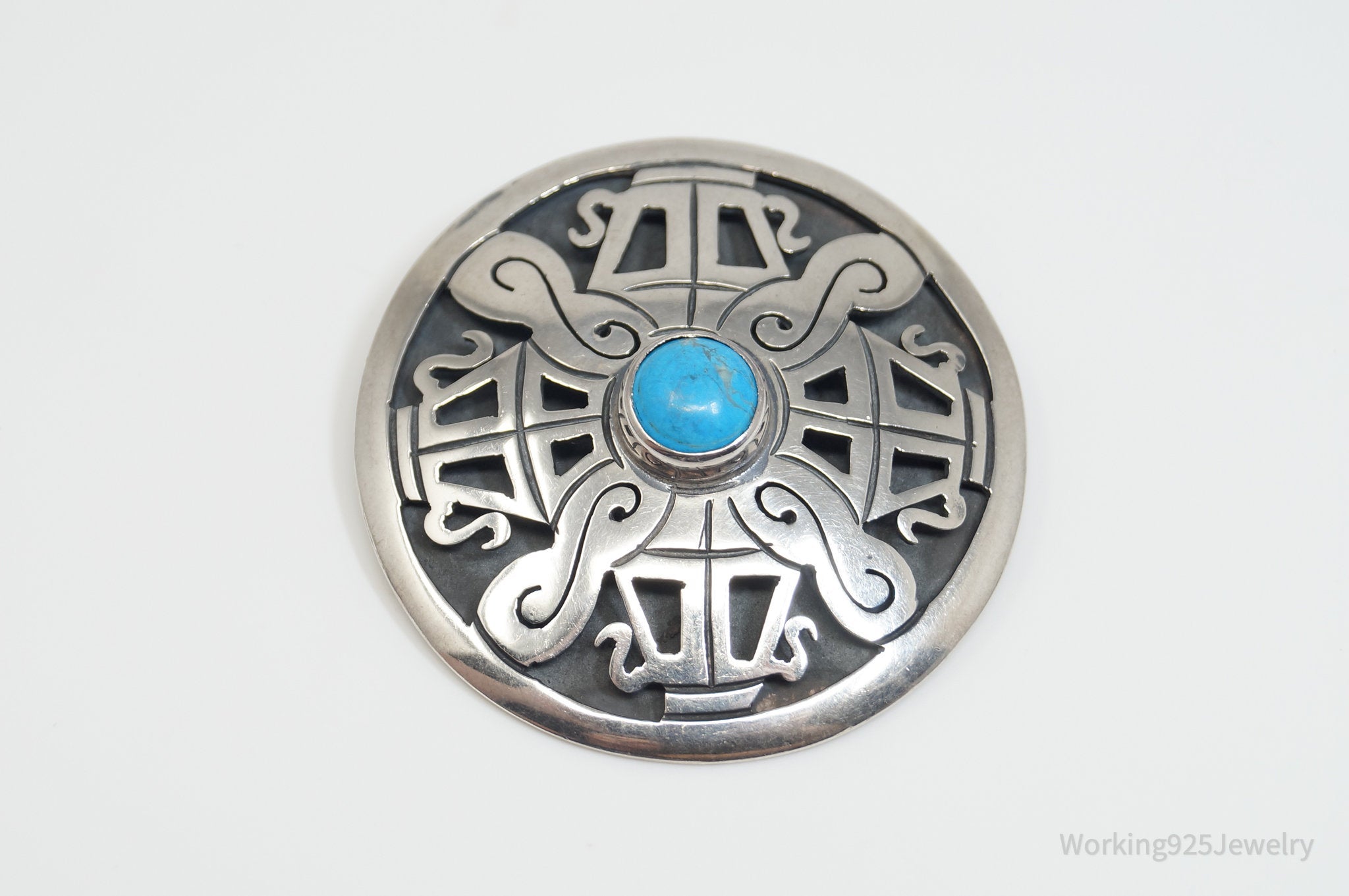 Vintage Taxco Designer Turquoise Shadow Aztec Sterling Silver Brooch Pin Pendant