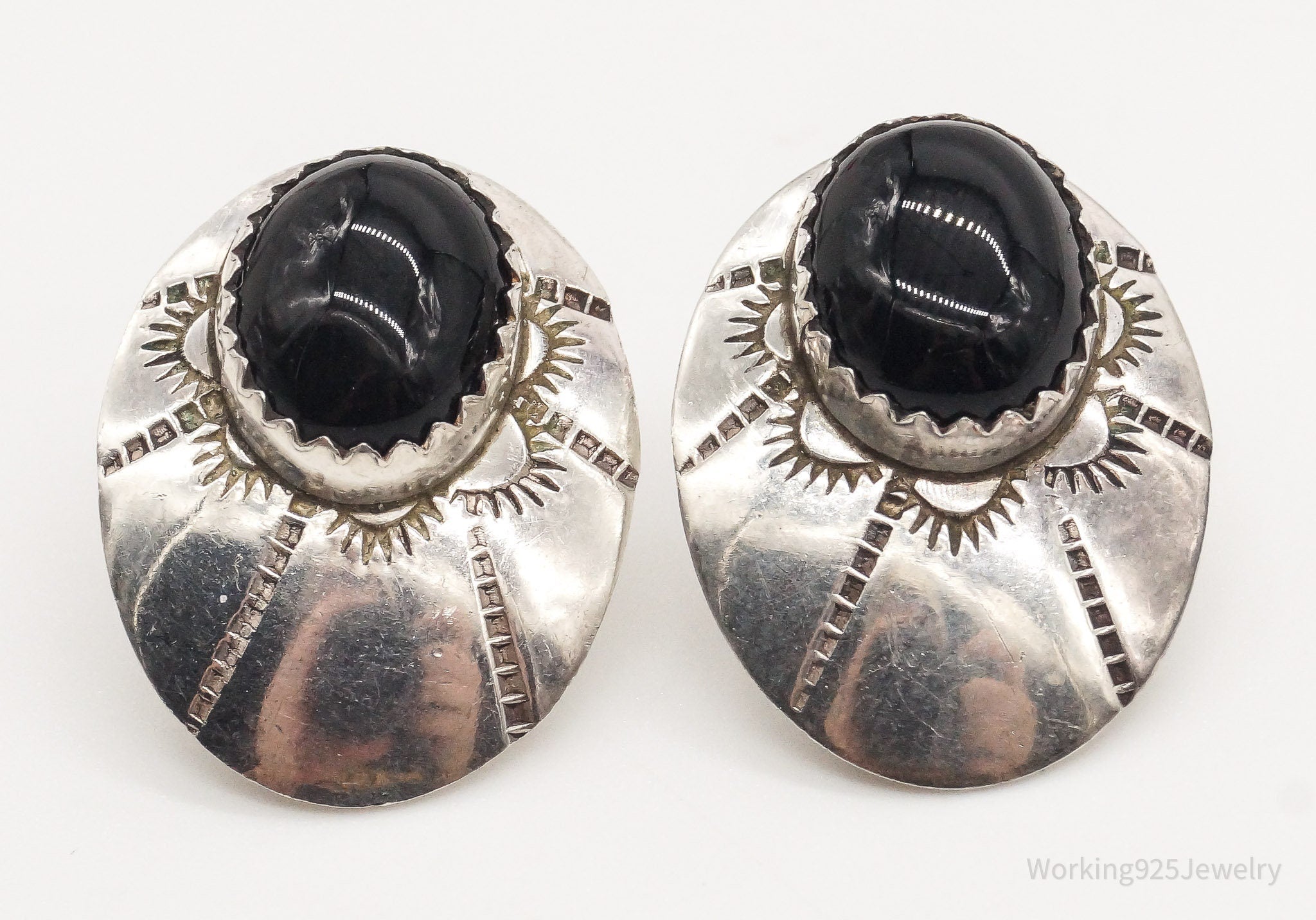 Vintage Native American Black Onyx Silver Earrings