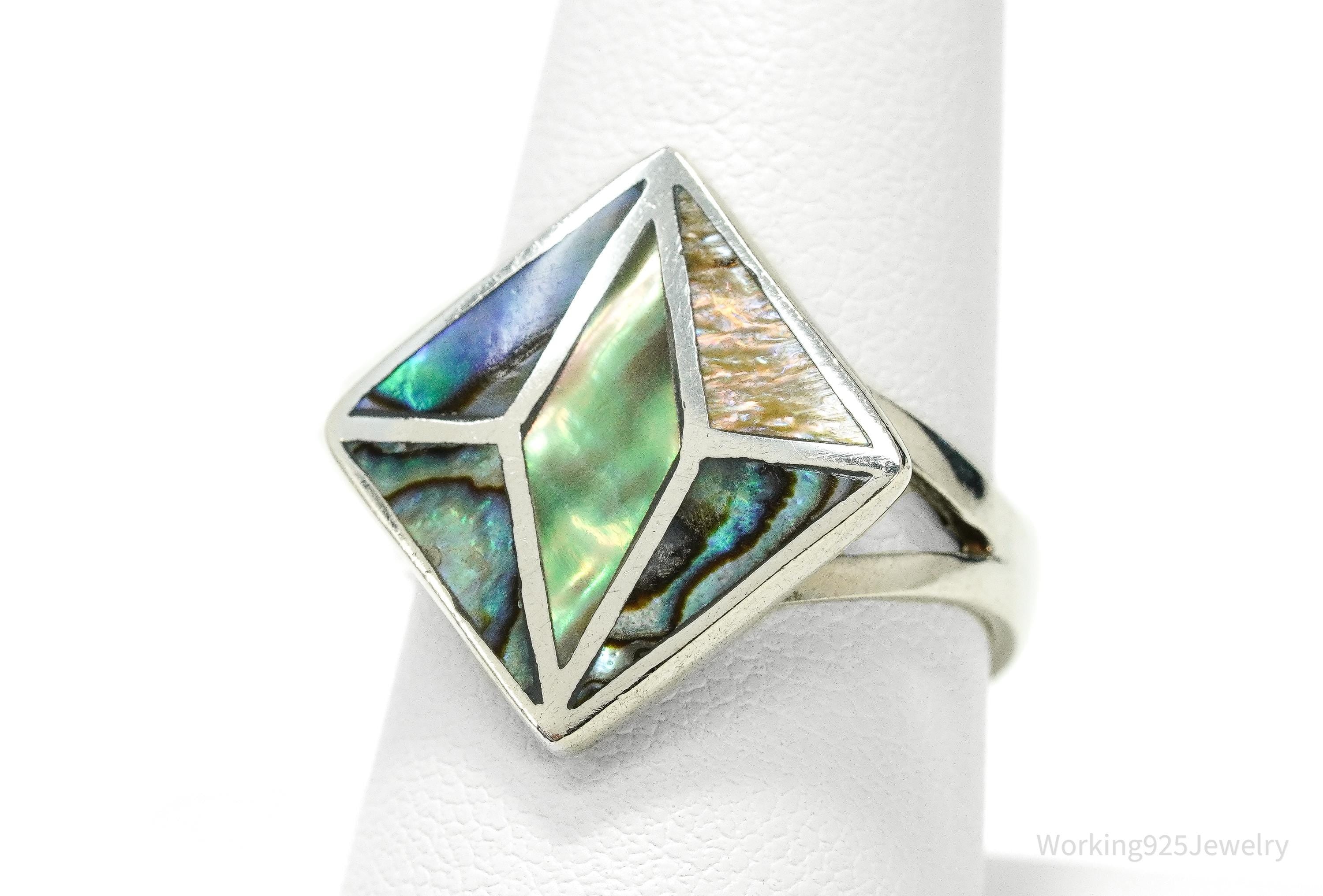 Vintage Paua Abalone Shell Inlay Sterling Silver Ring - Size 8.5