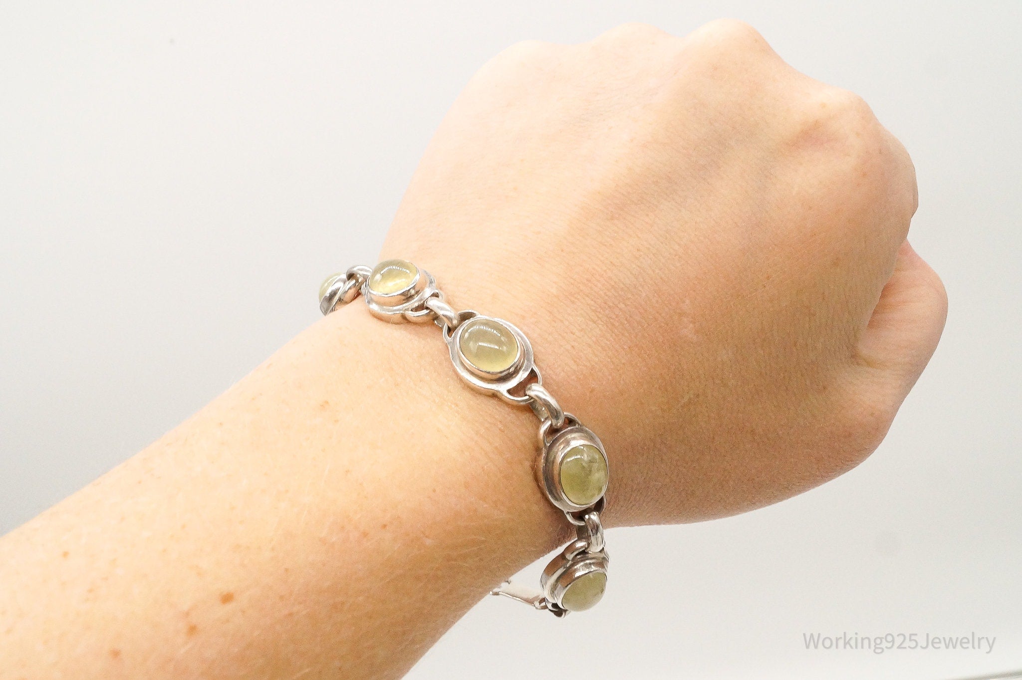 Vintage Green Stone Modernist Sterling Silver Bracelet