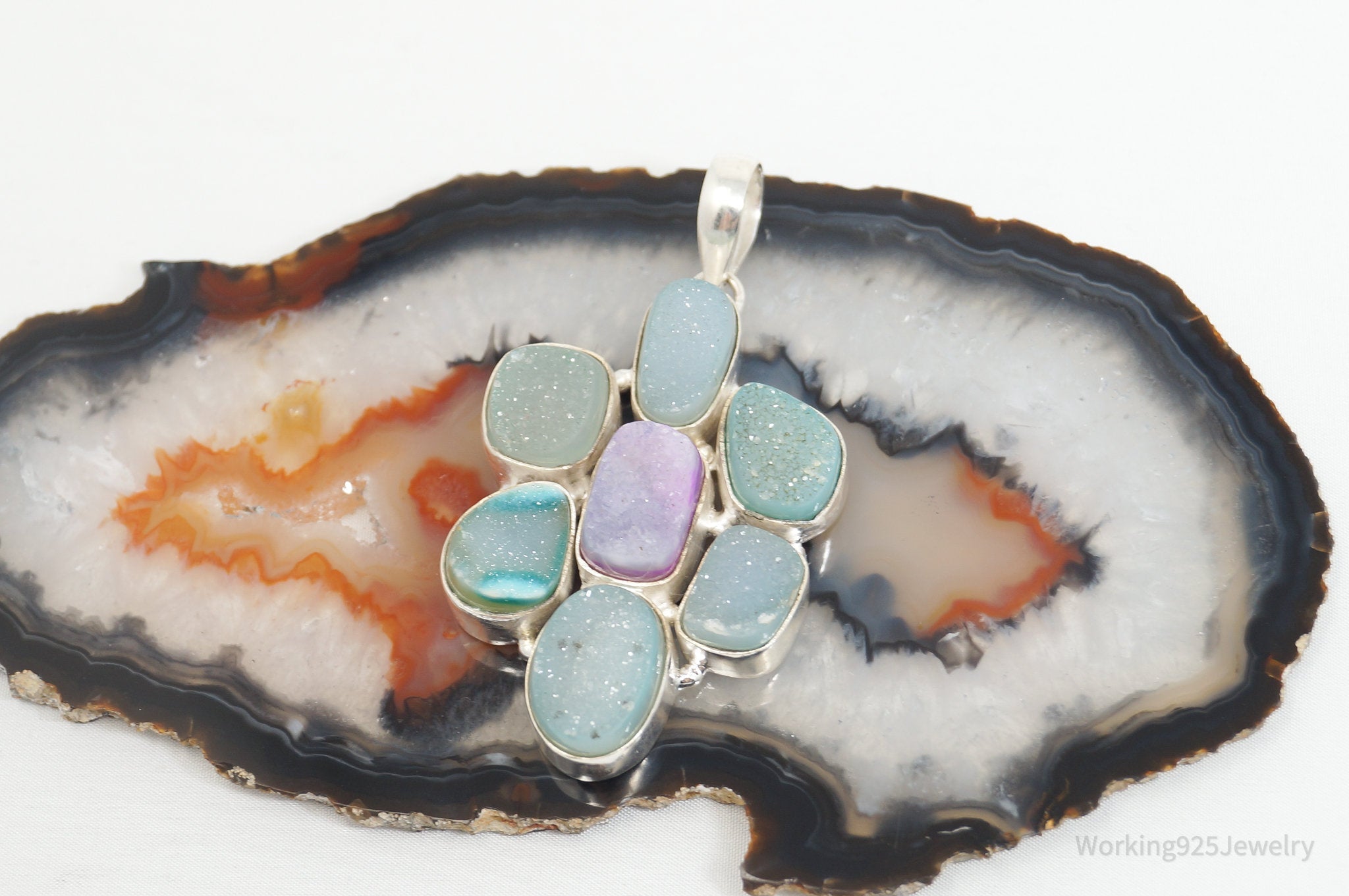 Vintage Large Druzy Quartz Sterling Silver Necklace Pendant