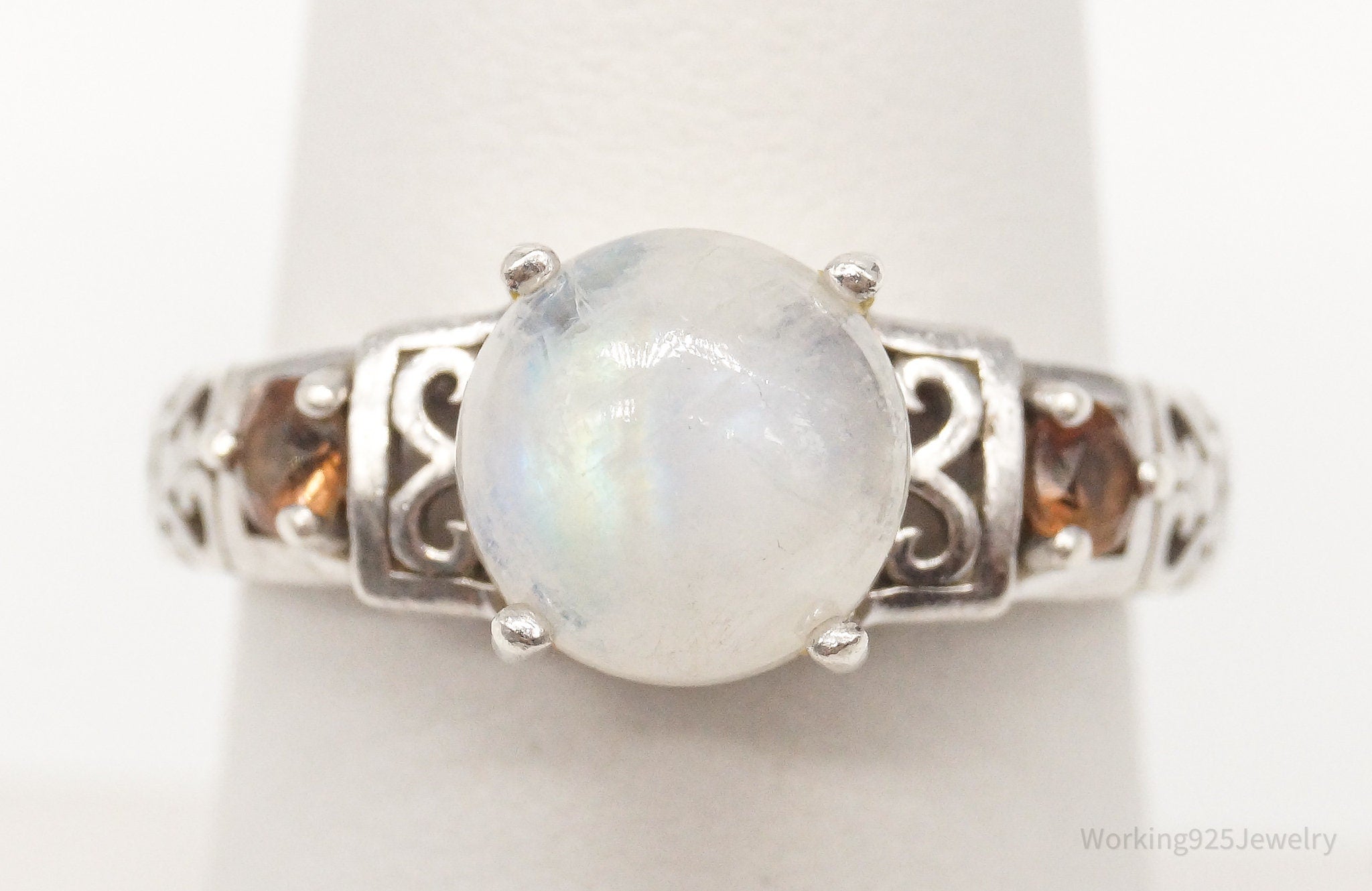 Vintage Moonstone Smoky Topaz Sterling Silver Ring - Size 6.75