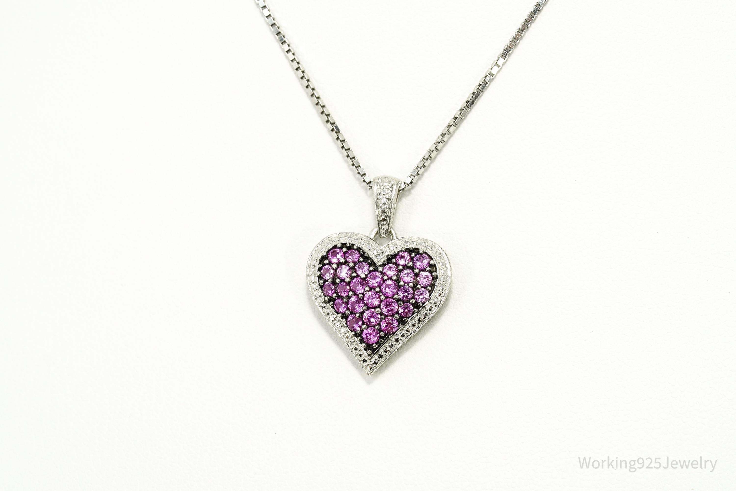 Vintage Pink Sapphire Heart Sterling Silver Necklace 14"