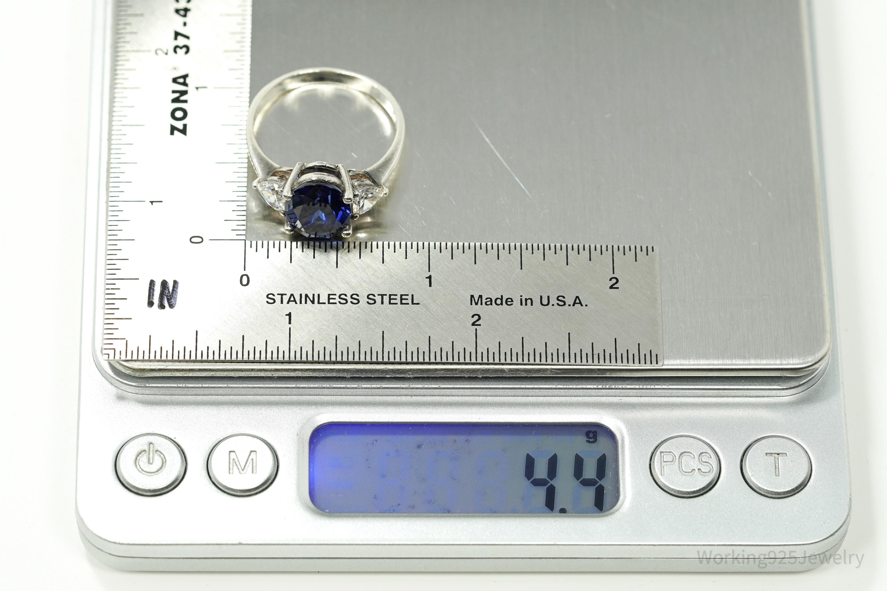Vintage Lab Sapphire & Cubic Zirconia Sterling Silver Ring - Size 10.25